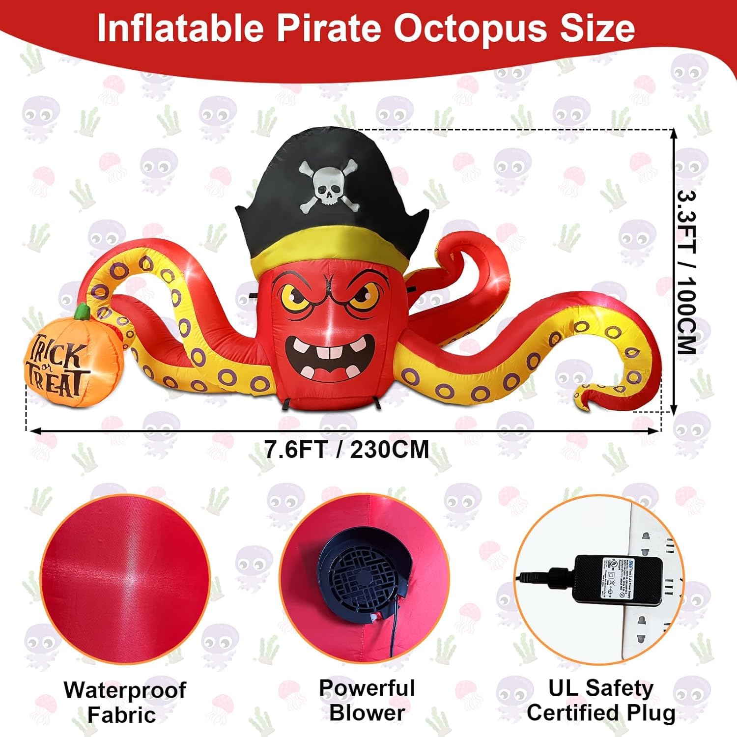 ZXSWONLY 2,3 m großer aufblasbarer Piratenoktopus für Halloween, Grusel-Oktopus mit Kürbis, aufblasbare Halloween-Dekoration mit integrierten LEDs für Garten, Terrasse und Halloween-Party