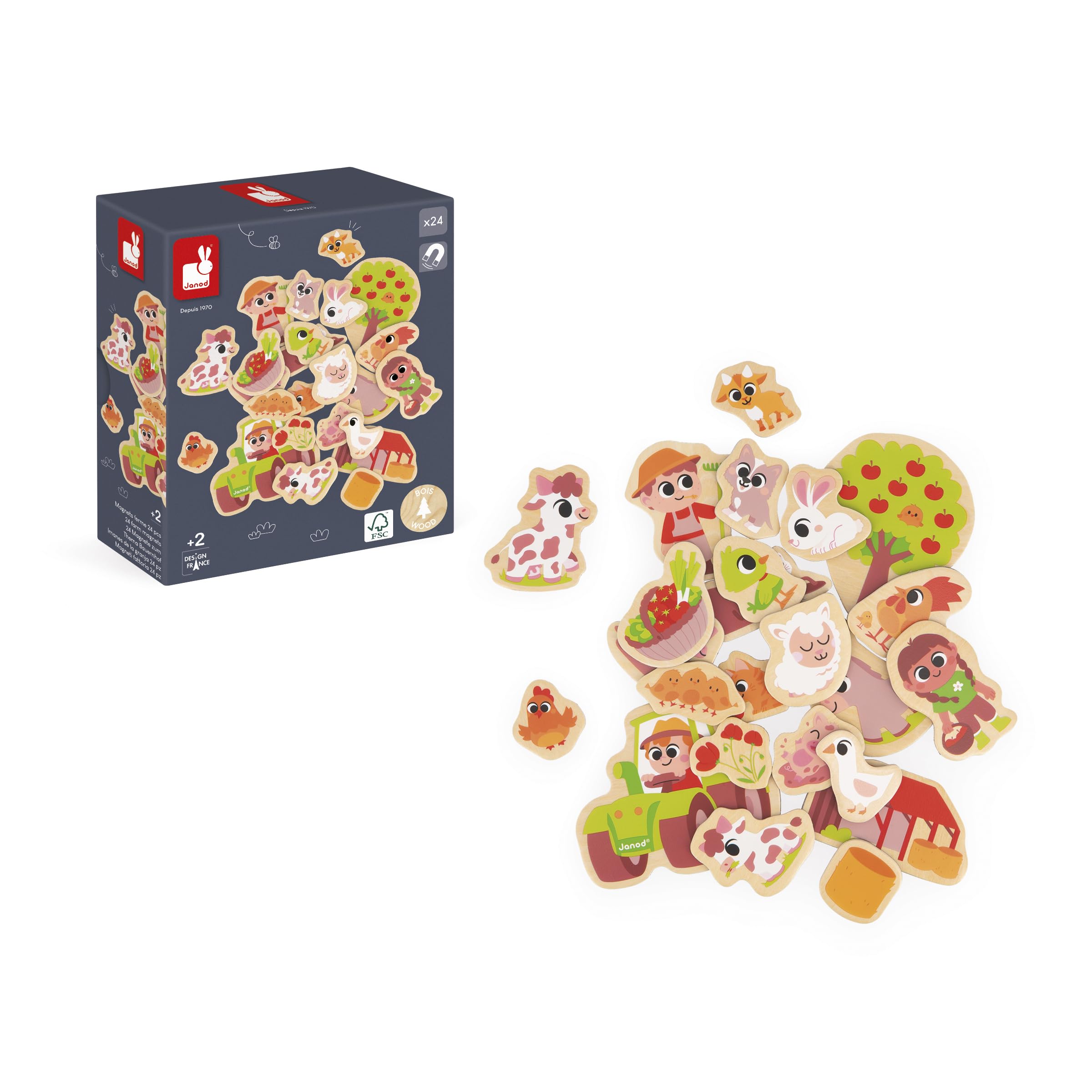 Janod - 24 Magneti in legno - Tema fattoria - Animali della fattoria - Giocattolo in legno - Ideale per lavagna o frigorifero - Gioco educativo magnetico, per manipolare e divertirsi - Da 2 anni