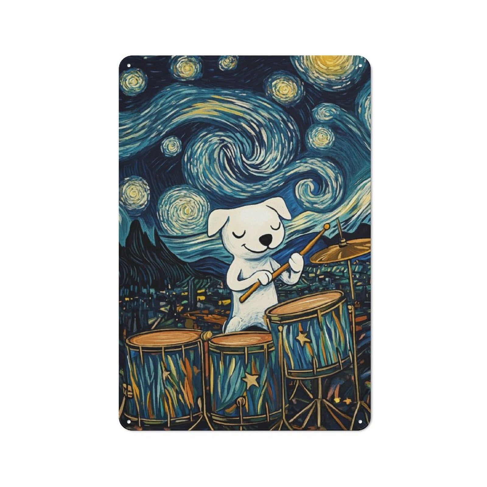 Retro Dog Playing Drums Starry Night Vintage Tin Sign 30x20cm, Retro Room Decor for Lounge, Study, Pub Or Wall Gallery