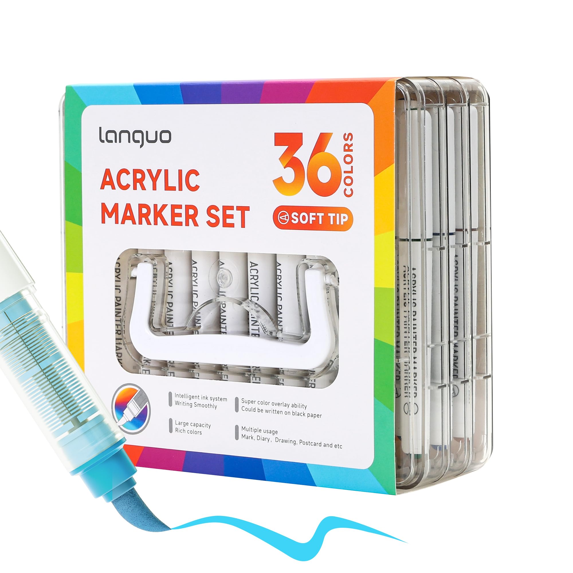 languo 36 Colours Acrylic Paint Markers Pens Set, Soft Brush Tip Markers with Fast-Drying & No-Bleed Ink, Acrylic Paint Pens for Rock, Wood, Egg, Ceramic, Fabric Painting, Art Supplies and DIY Crafts