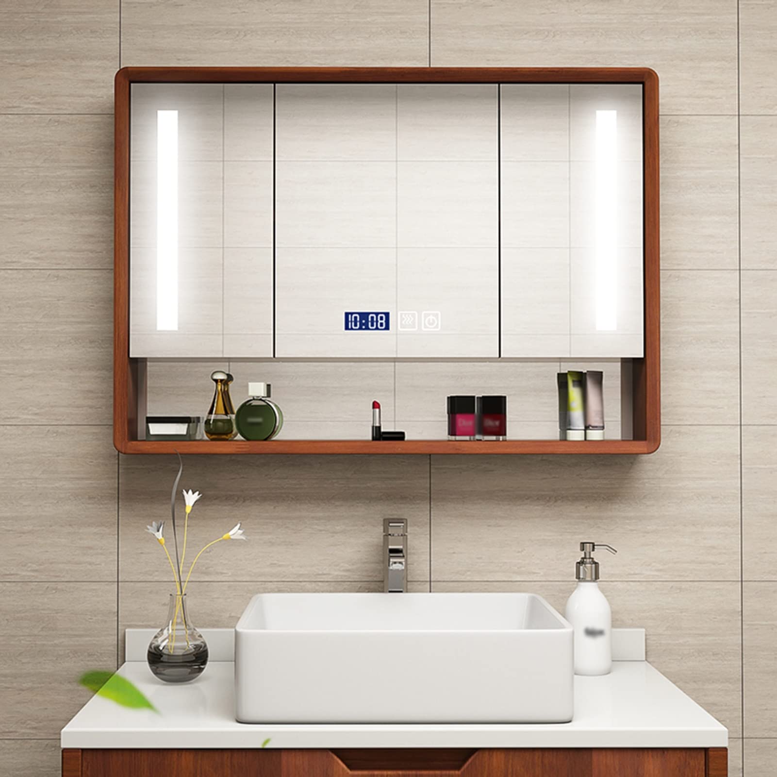 Armadietto da bagno a parete con luci LED e specchio anti-appannamentoElegante contenitore per cosmetici ed essenziali70x80x14 cmColore A