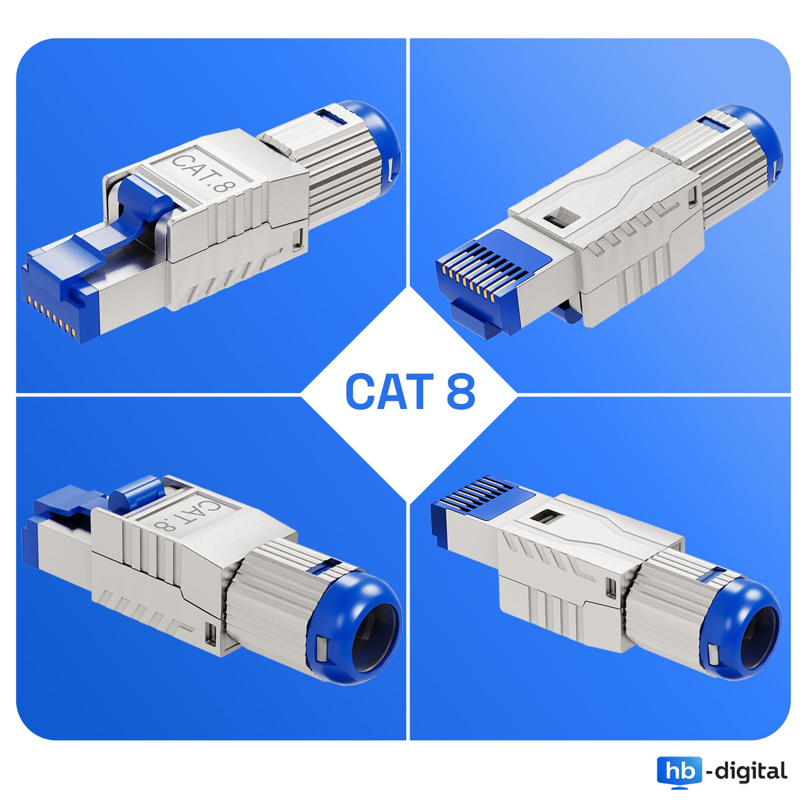 HB-DIGITAL 10 connettori CAT 8 RJ45 per cavi di posa Ethernet rigidi – senza attrezzi STP completamente schermato con contatti placcati in oro da 50 µ, connettore ad alta velocità da 40 Gbps