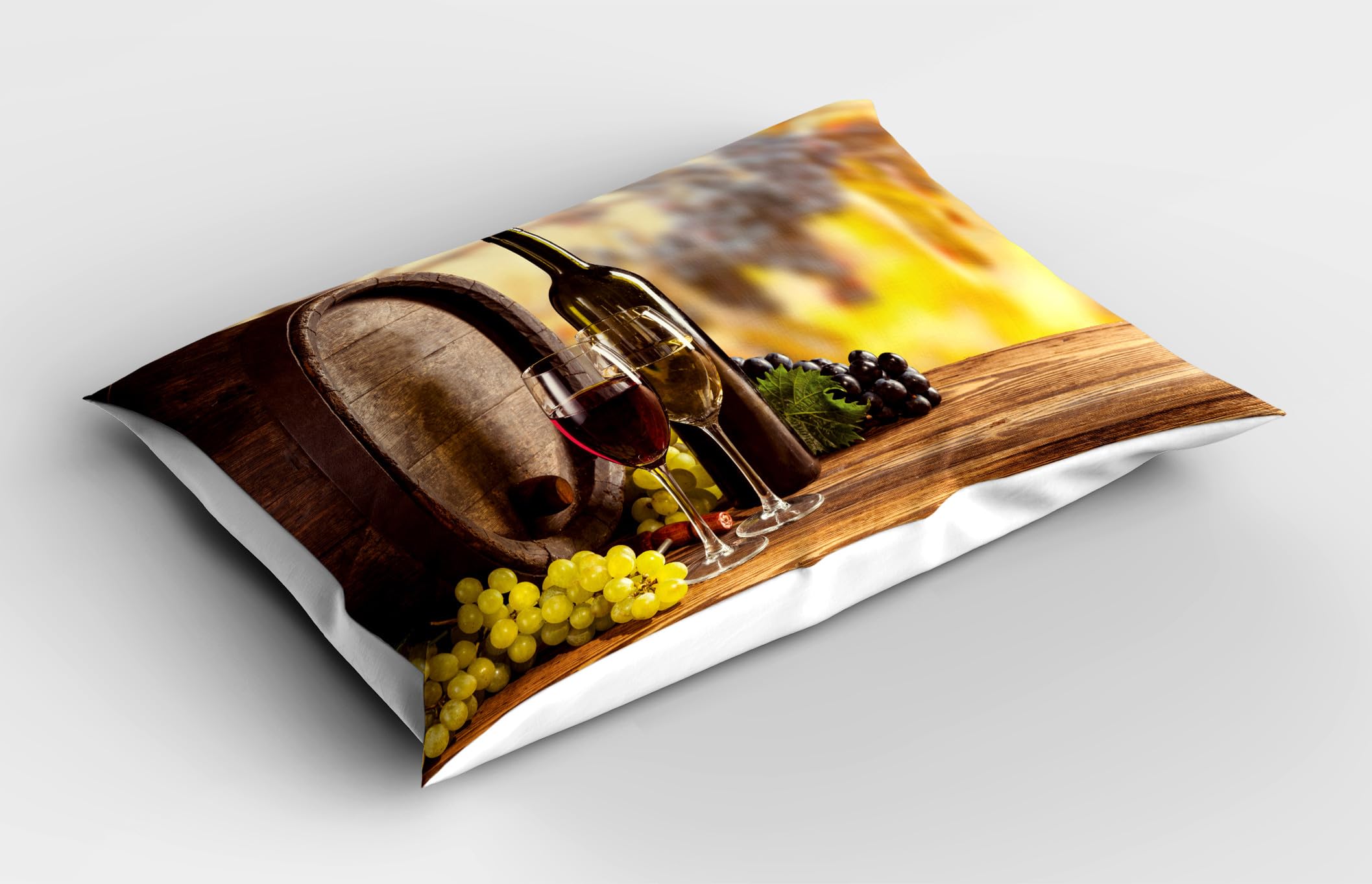 Ambesonne Wine Pillow Sham Set of 2, Red and White Wine Bottle Glass on Wooden Keg Quality Taste Traditional, Quality Microfiber Bedding Item for All Seasons, 36