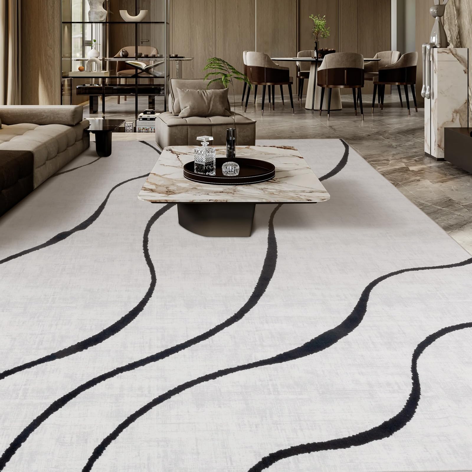 YIHOUSE Modern Washable Area Rug for Living Room Bedroom - Large Abstract Black and White Rug Non-Slip Ultra-Thin Home Decor (Ripple, 10'x14'ft)