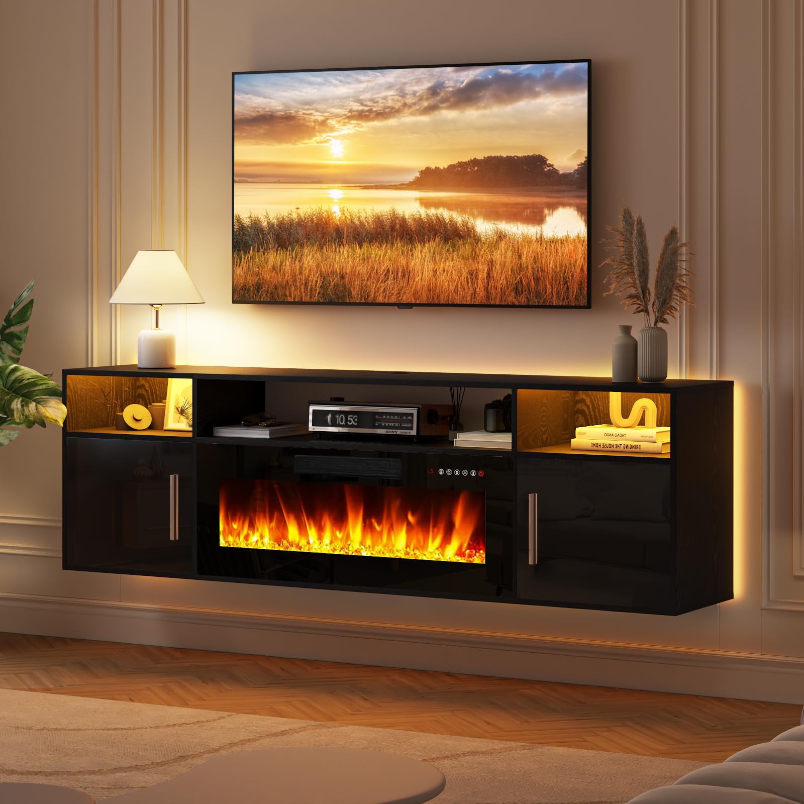 LEMBERI Floating Fireplace TV Stand 70'' Wall Mounted Shelf, LED Light Entertainment Center and Storage, Modern Wood Media TV Console with Highlight