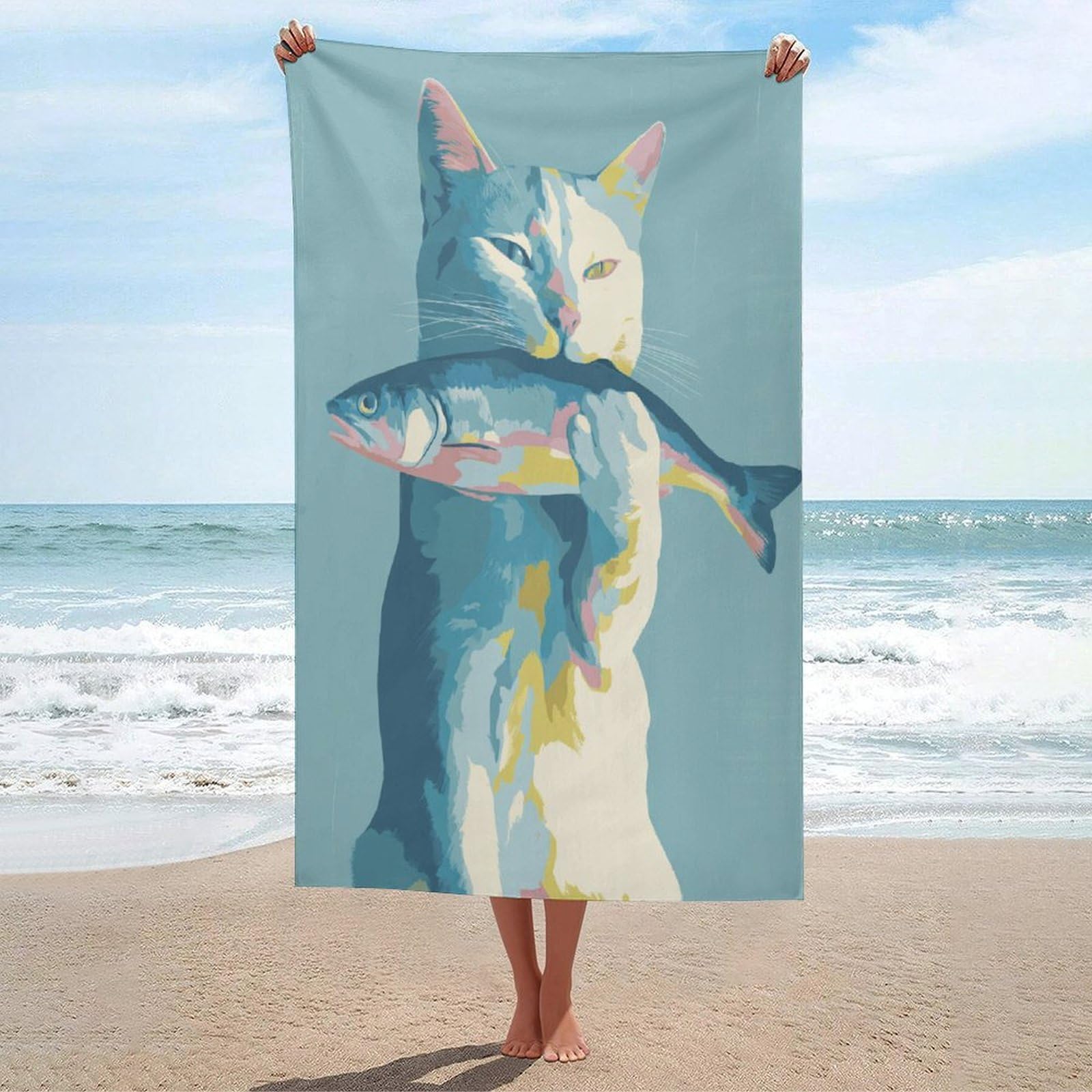 LSRCPD Cat Holding A Whole Fish Beach Towel Sand Free Microfiber Large Shower Towels Multipurpose Absorbent for Bathroom Pool 130x80 CM