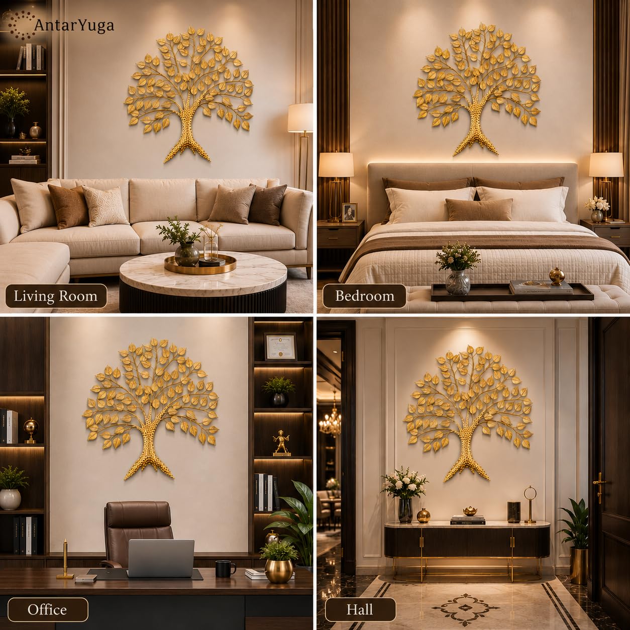 Home & Bazaar Tree of Life Metal Wall Art, Handcrafted Gold Iron Peepal Tree Wall Hanging for Living Room, Bedroom, Office & Entryway, Decorative Wall Decor, 30 x 2 x 27 Inch (76.2 x 5 x 68.6 Cm) 2