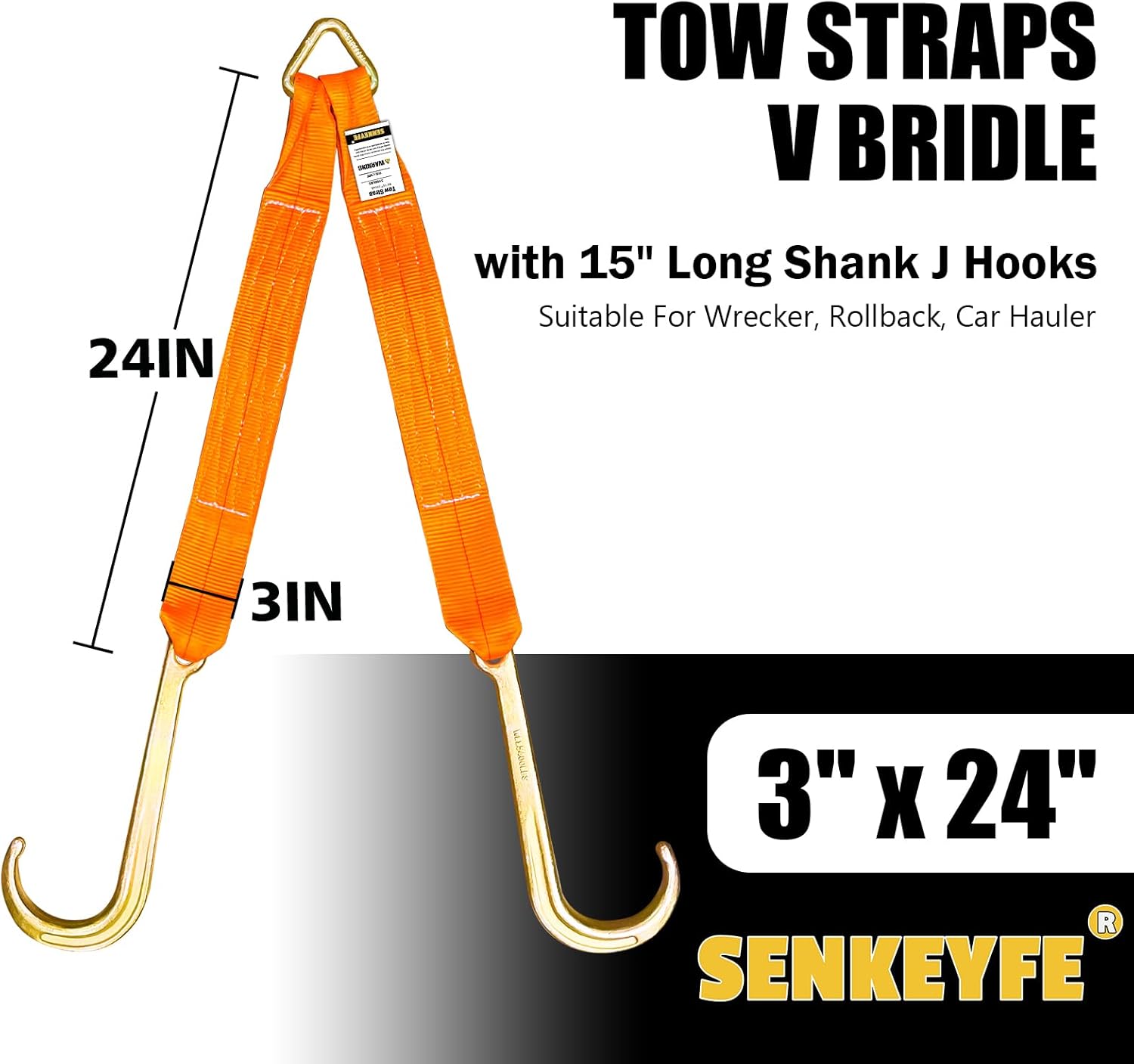 Tow Straps V Bridle, 3" x 24" Recovery V-Strap with 15" Long Shank J Hooks, 5400LBS Recovery Bridle, Towing Strap with Hook, Recovery Tow Car Strap Hook for Wrecker, Rollback, Car Hauler