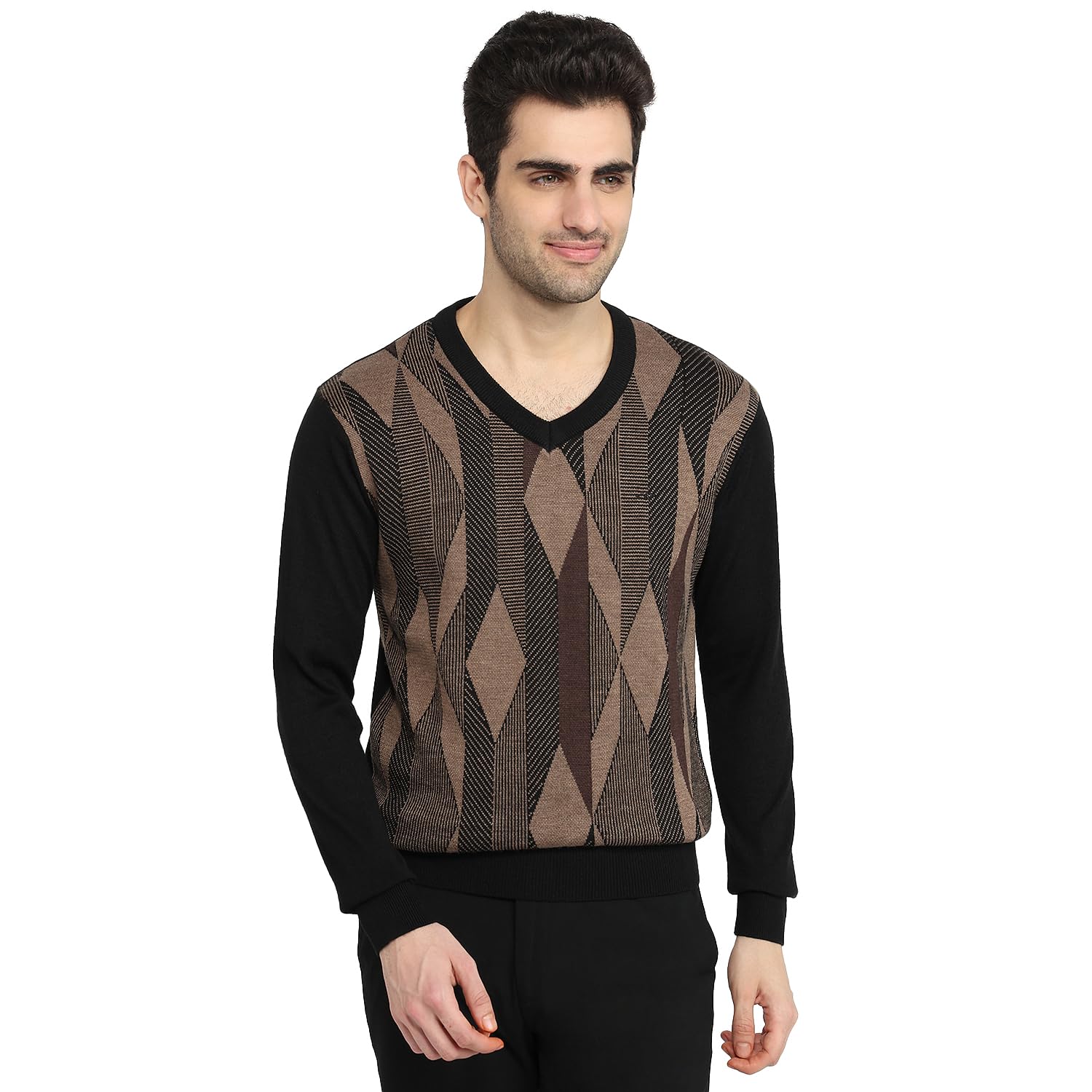 colorplus Men Regular Fit Jacquard Pattern Acrylic Wool Blend Full Sleeve V Neck Casual Sweater Black-picture-32