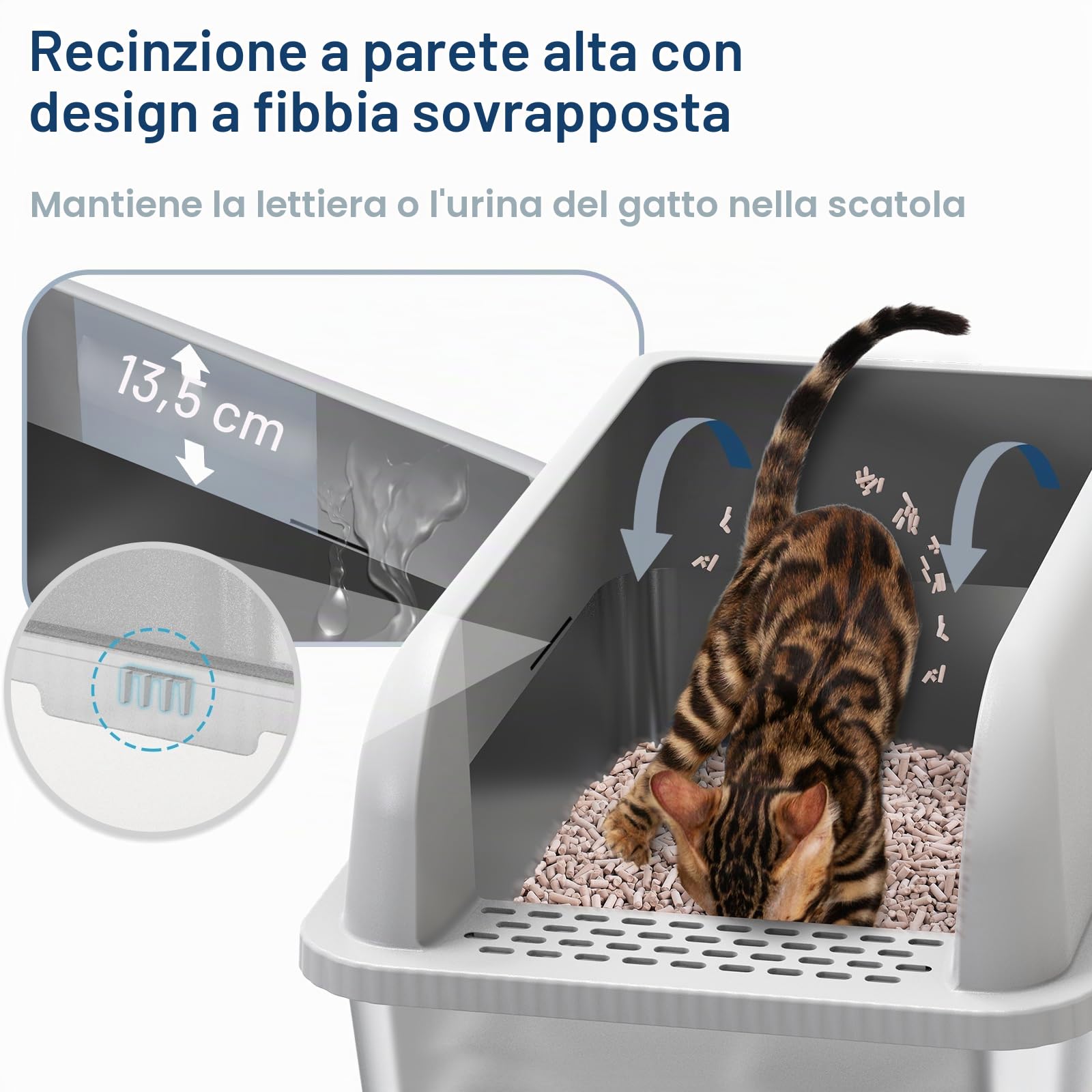 Cassetta XL per lettiera, chiusa, in acciaio inox, da 60,6 x 40,6 x 30,5 cm con coperchio, per lettiere in pellet di pino, lati alti per gatti grandi, anti-perdite, facile da pulire, meno dispersione