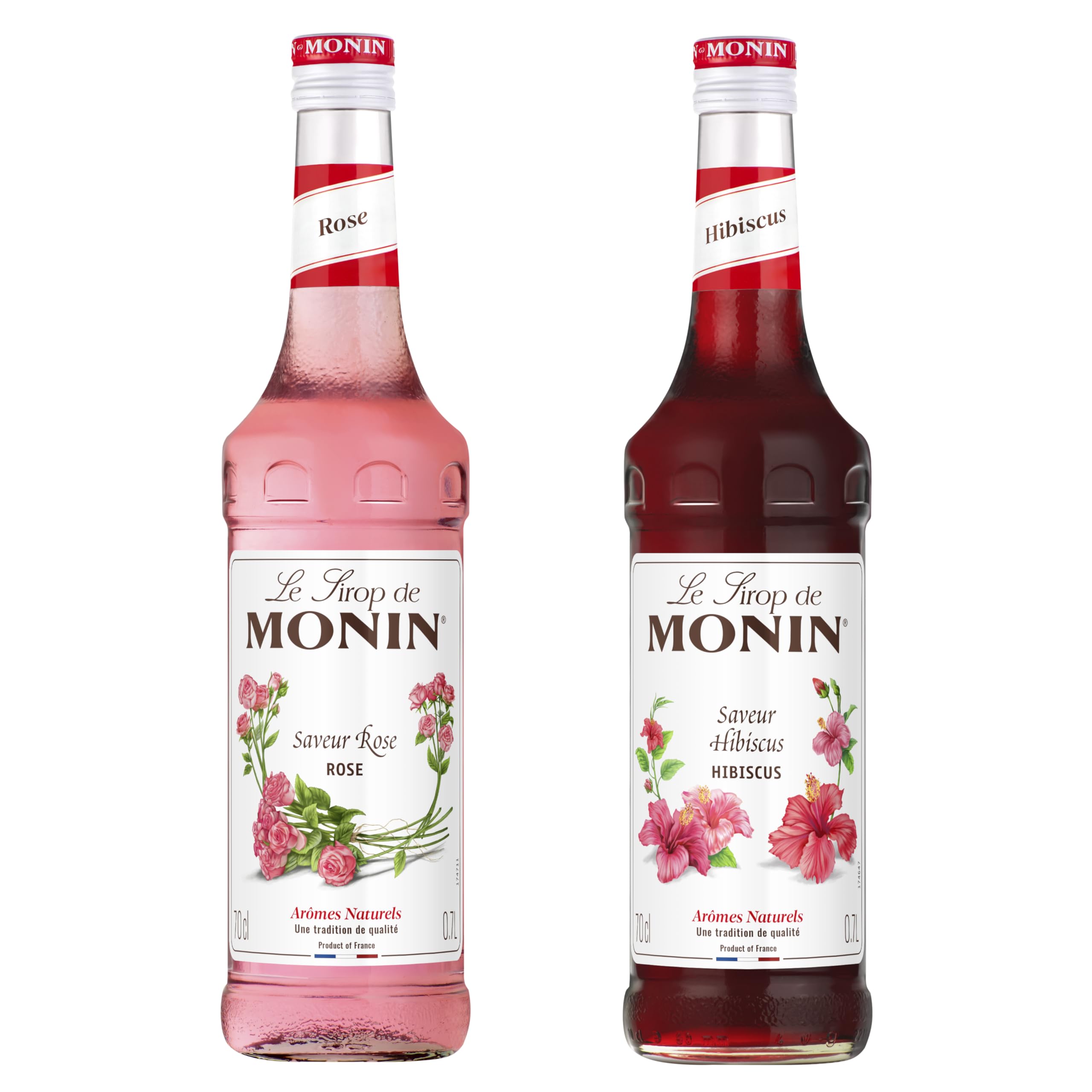 MONIN - Assortiment Sirop Saveur Rose & Sirop Saveur Hibiscus - Pour Prosecco, Cocktail, Thé Glacé, Limonade - Arômes Naturels - Bouteille en Verre - 2 x 70 cl
