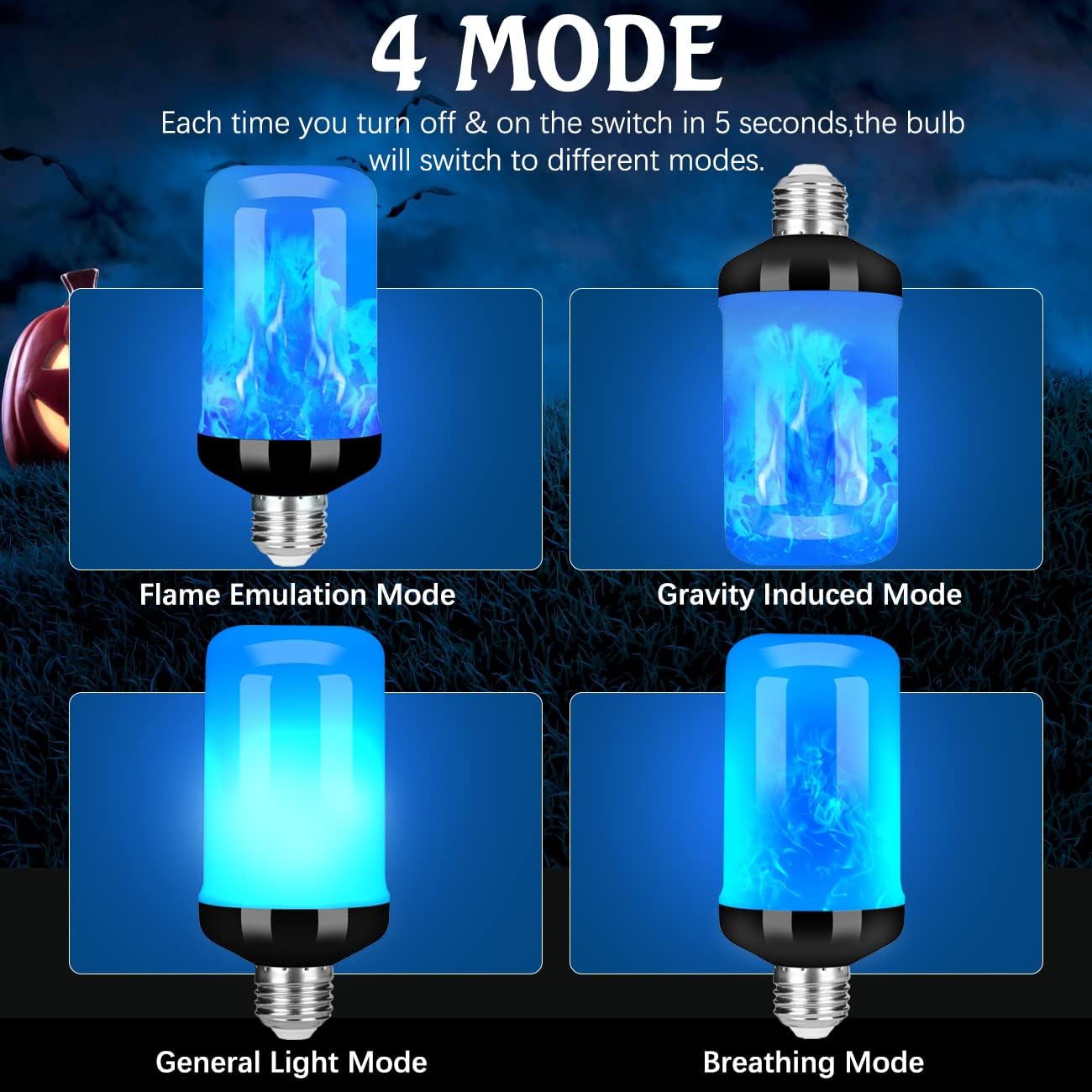 Y- STOP LED Flame Light Bulb, Upgraded 4 Modes Fire Light Bulbs with Upside Down Effect, E26 Base Flickering Light Bulbs for Halloween Decorations, Christmas, Outdoor, Indoor, Home Decor (Blue-4 Pack)