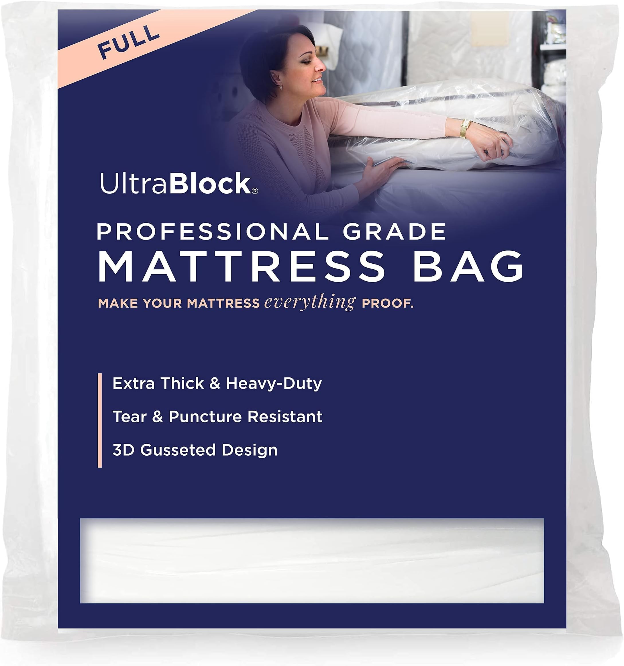 Ultrablock Mattress Bags for Moving or Storage – 6 Mil Plastic Cover, Tear and Puncture Resistant, Non-Slip Grip, Extra Thick Full Size Bag