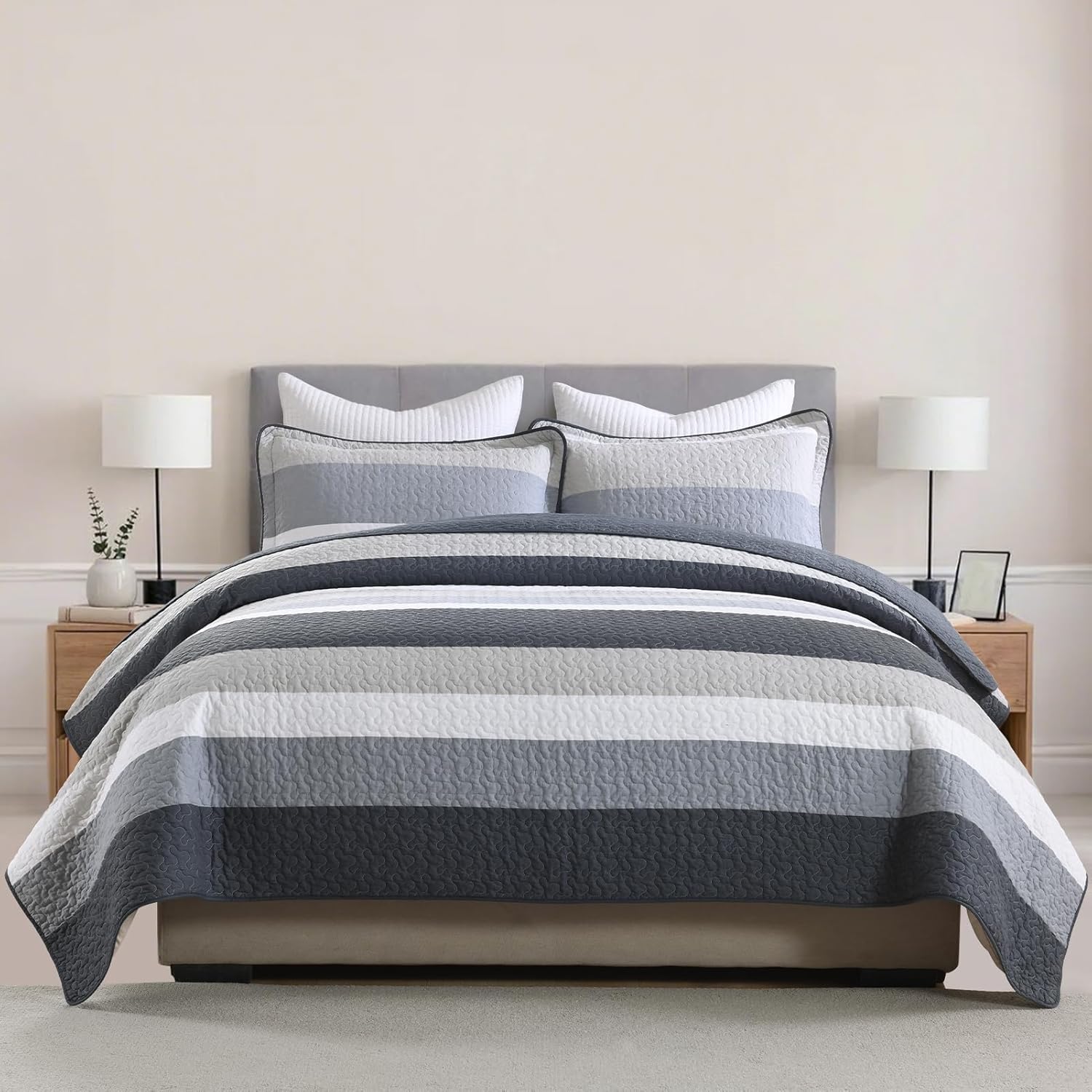 100% Cotton Quilt Set King Size, King Quilt Bedding Set, Striped Pattern Quilt Bedspread for King Bed, Modern Minimalist Bed Spread Lightweight Comforter, 3Pcs, Charcoal-Blue/Gray/White