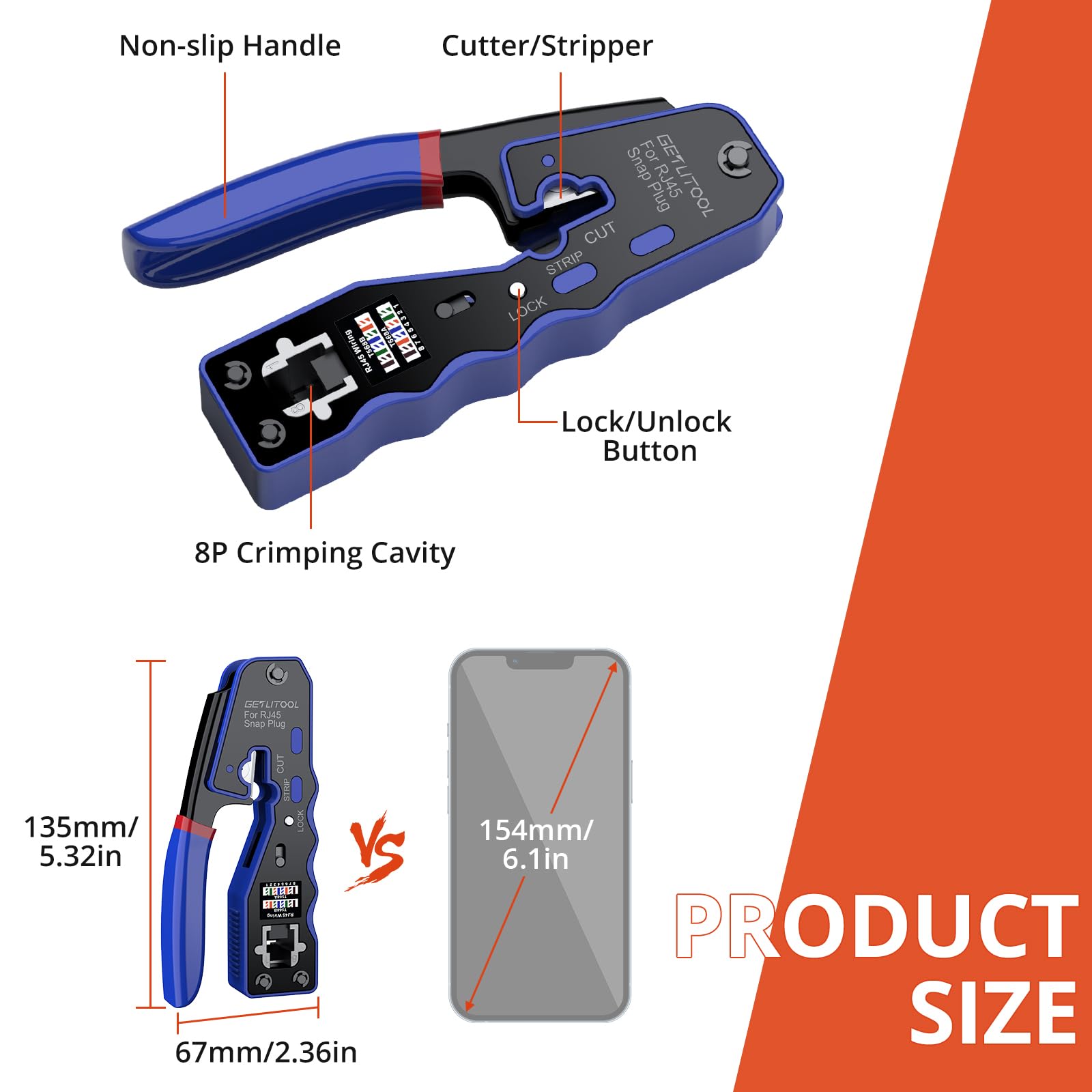 GETLITOOL Profesjonalny zaciskarka RJ45 Kompletny zestaw z 60 pozłacanymi złączami Cat5e/Cat6/Cat6a, szczypce do ściągania izolacji i narzędziami do sieci Ethernet