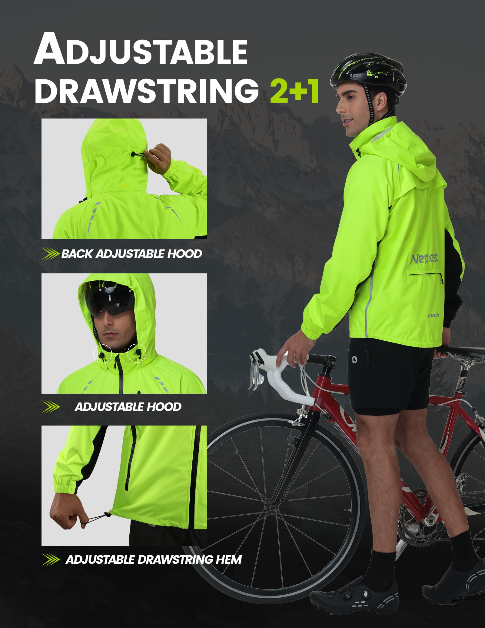 Nepest Veste de cyclisme imperméable homme 10K H2O respirabilité 5K 6 poches Réfléchissante UPF50+ coupe-vent VTT course randonnée