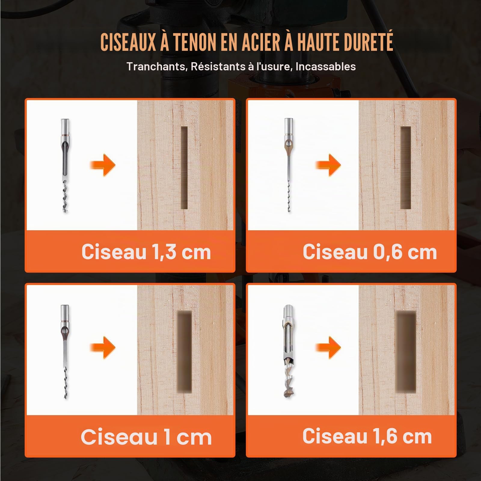 VEVOR Fixation à mortaiser pour perceuse à colonne, 4 forets, kit burins à trous carrés, ensemble de localisateur de forets d'établi, outils à mortaise et tenon avec 5 bagues, pour le travail du bois
