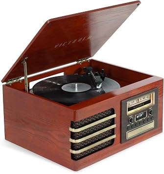 Victrola Ellington 3-Speed 33 1/3, 45, 78 RPM Bluetooth Record Player with CD Player, FM Radio, Premium Ceramic Stylus, Built-in Speaker, RCA Out & Aux in, Wireless Music Streaming Mahogany