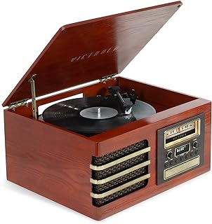 Victrola Ellington – 3-Speed (33 1/3, 45, 78 RPM) Bluetooth Record Player with CD Player, FM Radio, Premium Ceramic Stylus, & Built-in Speaker, RCA Out & Aux in, Wireless Music Streaming (Mahogany)