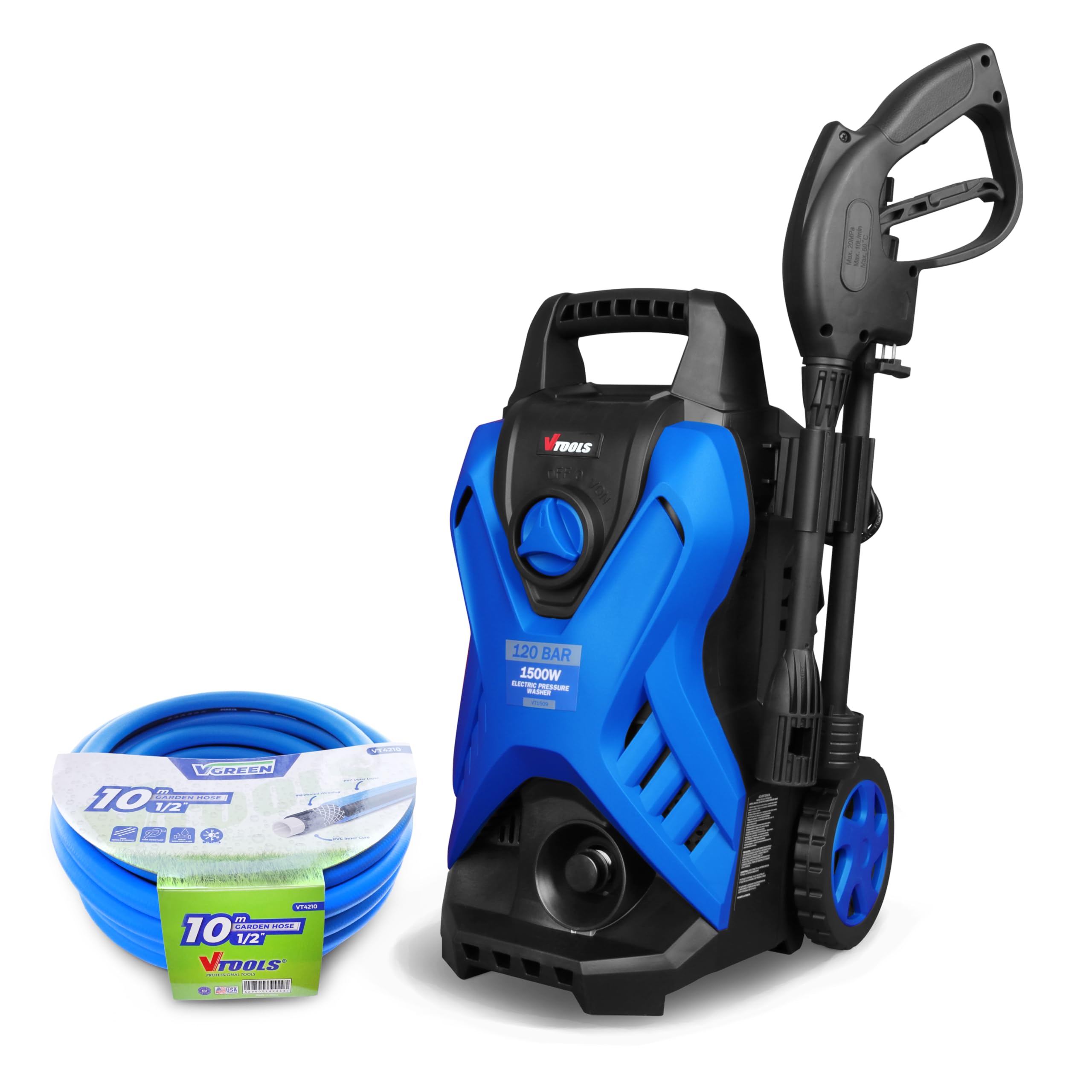 VTOOLS 120 Bar Electric Pressure Washer With 5 Meter Hose, Plus Additional 10 Meter Garden Hose, Soap Dispenser, 1500 Watt, Auto Stop and Self Priming Mode, For Car, Home & Garden, Blue, VT1509-KIT