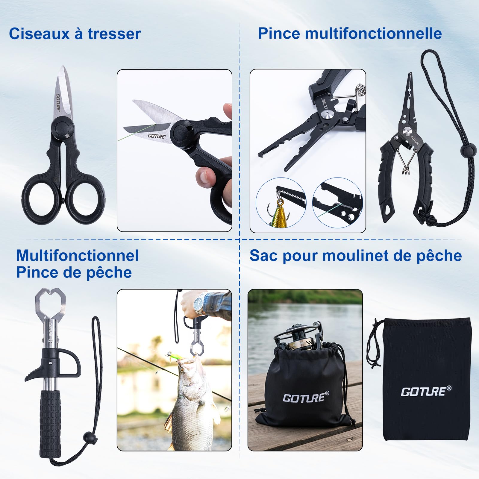 Goture Ensemble de pêche avec Canne à pêche télescopique (Carbone 24T), 1,8 m/2,1 m/2,4 m/2,7 m | Ensemble Complet de d'outils de pêche et d'appâts avec Moulinet de pêche 5,2:1, Ligne 150 m/14 kg