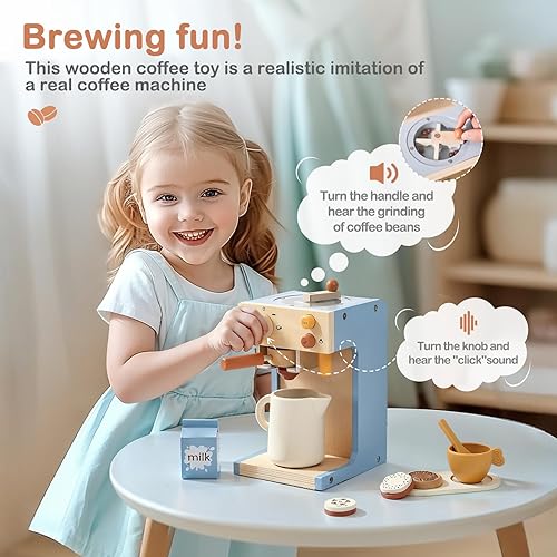 Miniatura 5 de EERKEOD Cafetera de juguete para niños, cafetera de madera para niños, juego para niños pequeños, accesorios de cocina, regalo para niñas y niños