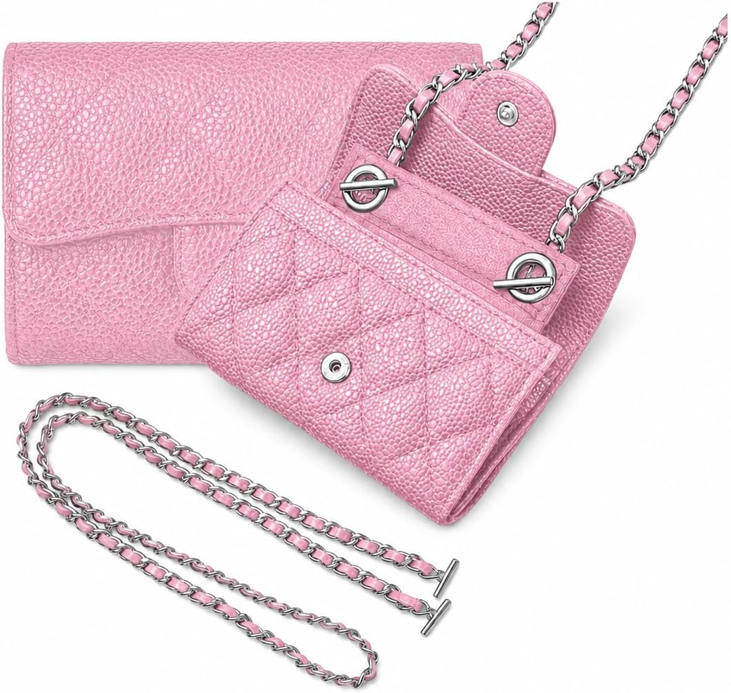 Divitize Premium Conversion Kit compatible with Small Flap Wallet Insert — Perfect Fit, Wallet on Chain WOC with 120cm - 47" Silver/Gold Chain, 24+ Shades (Silver Leather Chain, Bubblegum)