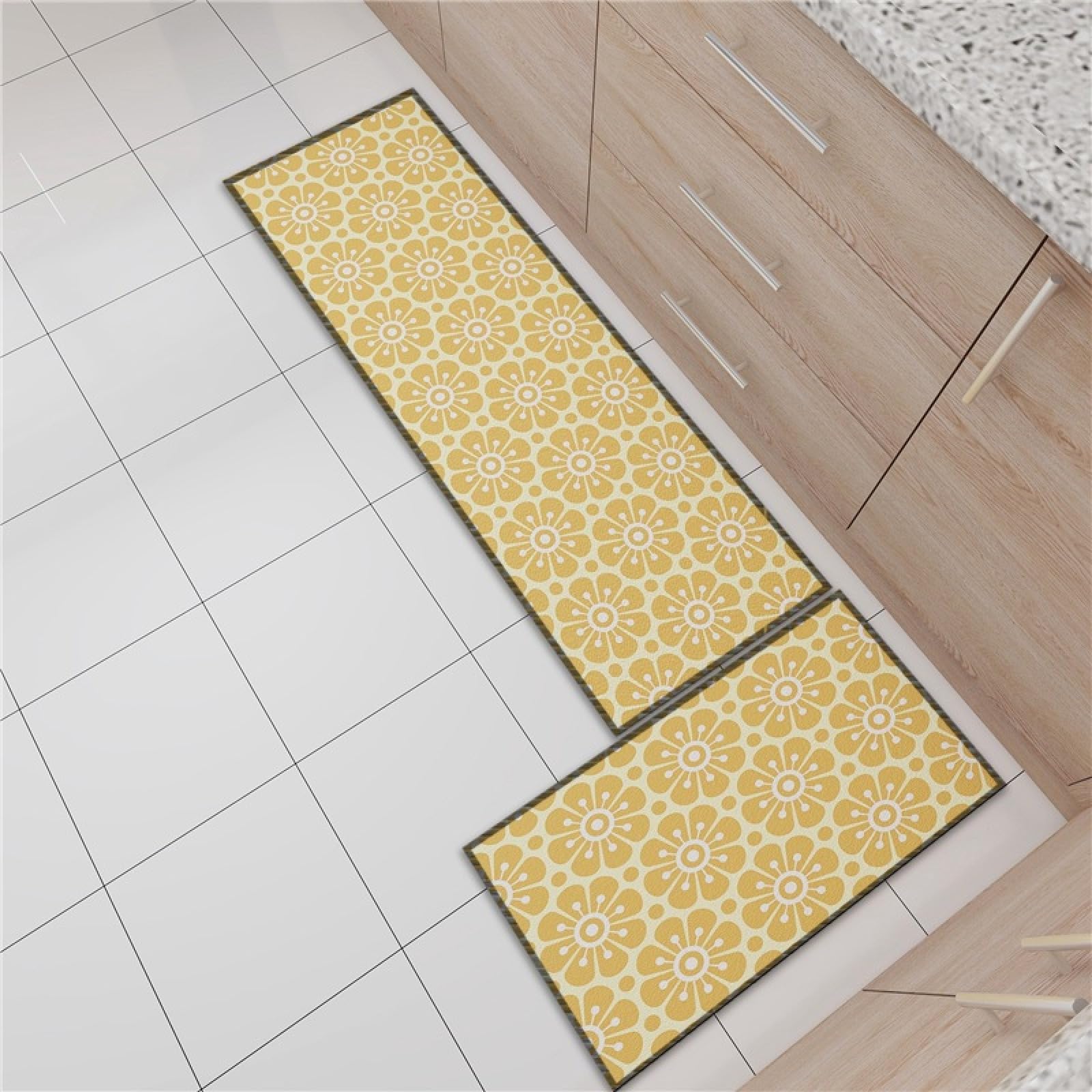 Tapis Cuisine 50X160Cm Fleurs Jaunes Tapis Vinyle Cuisine Devant Evier,Antidérapant Et Lavable,Antifatigue Tapis De Passage Imperméable Résistant À l'huile,Paillasson pour Cuisine