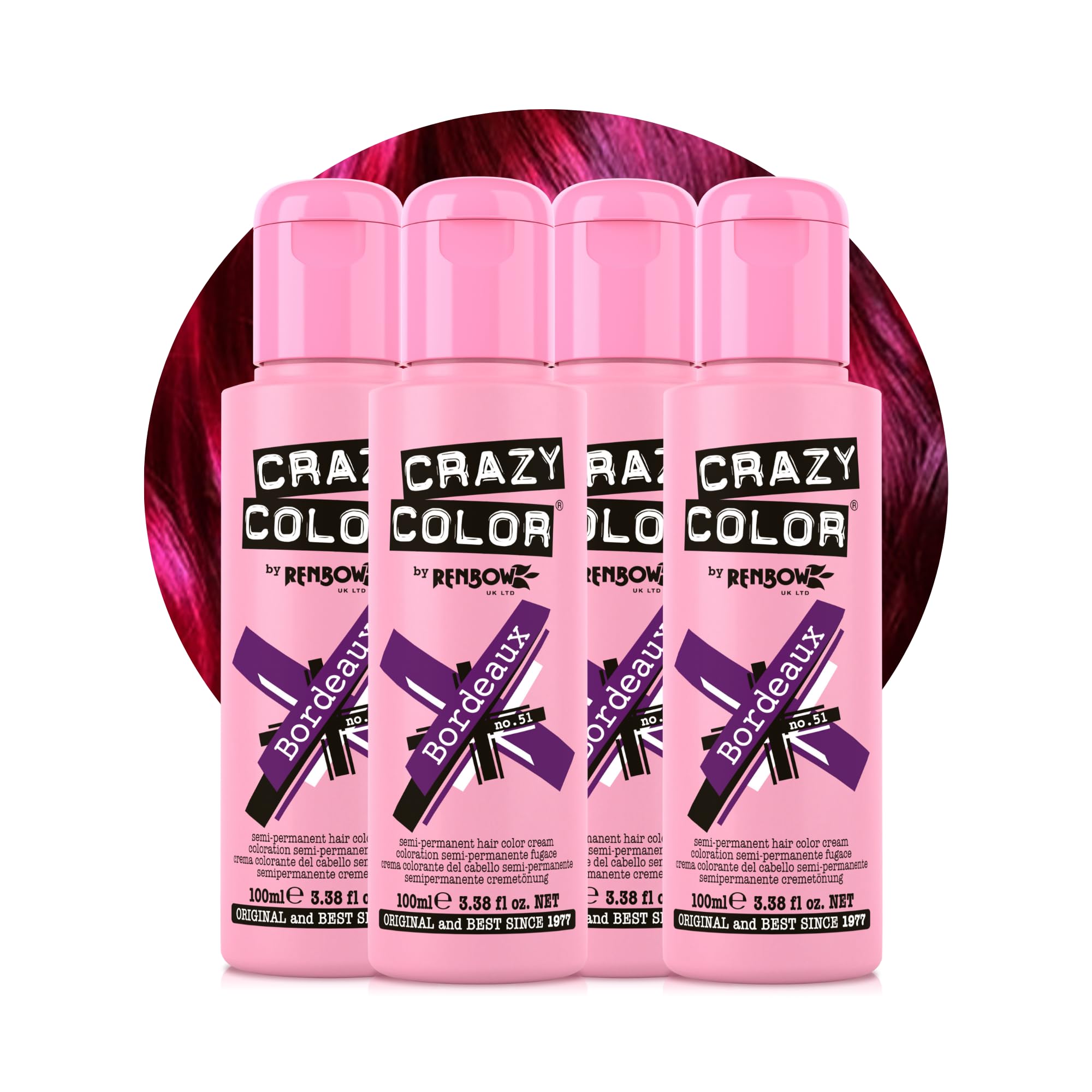 Crazy Color Vibrant Bordeaux Semi-Permanent 4 Pack Quad Hair Dye. Highly Pigmented Plum Wine Conditioning & Oil Nourishing Vegan Formula No Bleach or Ammonia 400ml