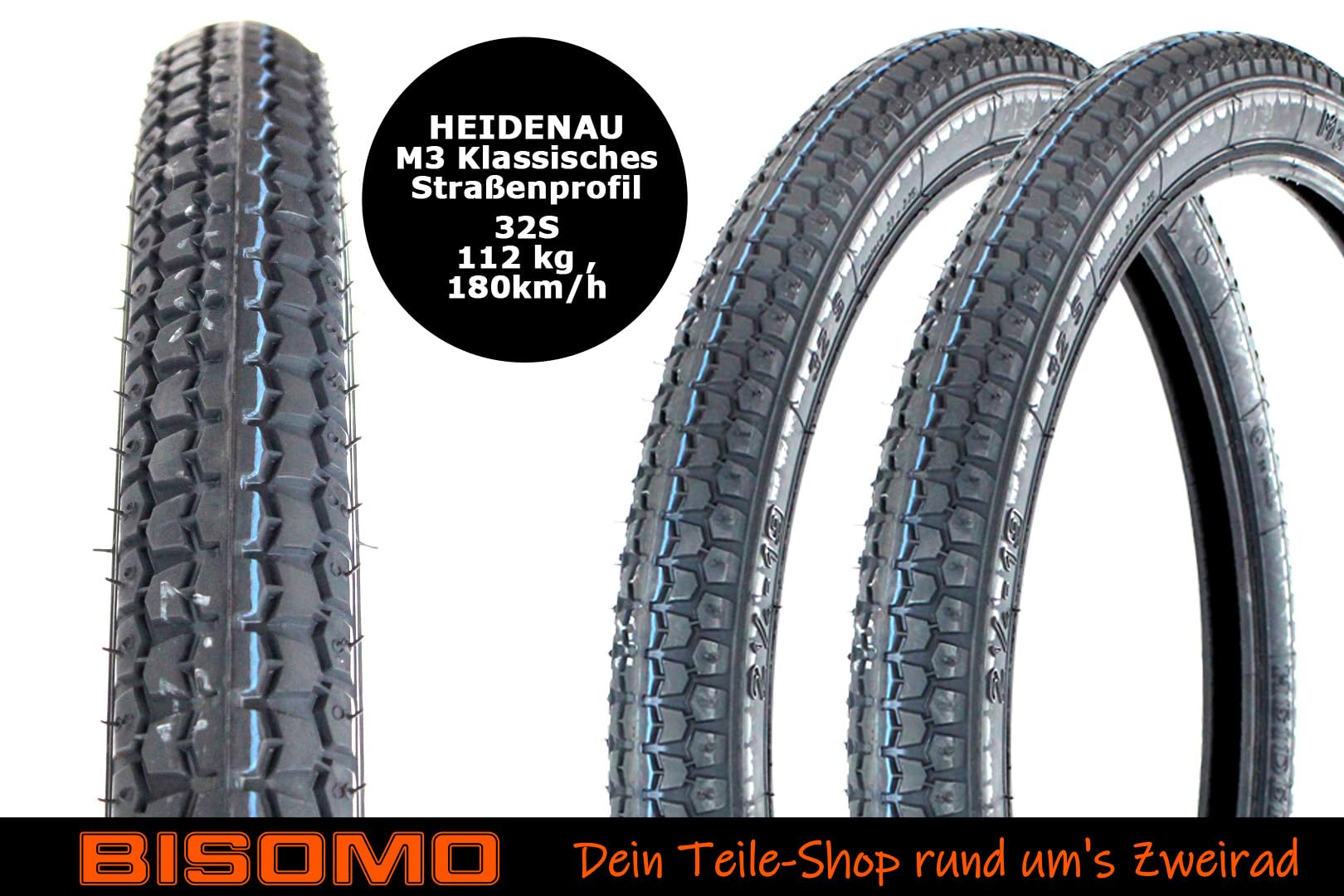 2x Reifen 2.25 x 19 Zoll, M3 Straßenprofil, M/C 32S + Schlauch TR4 gerade + Felgenband, kompatibel mit Simson SR2 Zündapp Kreidler hergestellt mit Heidenau
