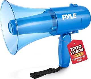 Pyle 30W Portable Megaphone Speaker, 1200-Yard Range, Lightweight Bullhorn with Siren, Rechargeable Battery, Handheld Mic, Adjustable Volume Control, Durable for Indoor/Outdoor Use, Transparent Blue