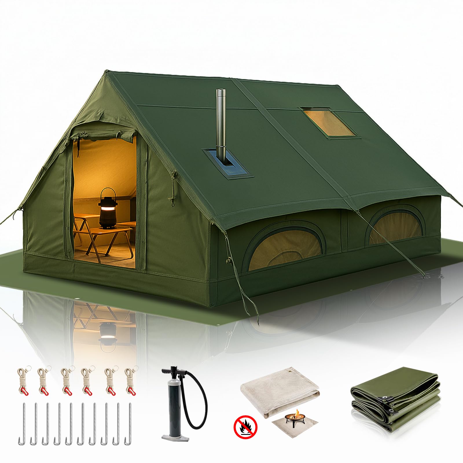 Tiendas Inflables Grandes de 13' X 10' para Acampar de 8-10 Personas, $6,788.23$6,788.23-$9,773.26$9,773.26, Tienda de Campaña Inflable de Glamping para 4 Estaciones con Conector para Estufa