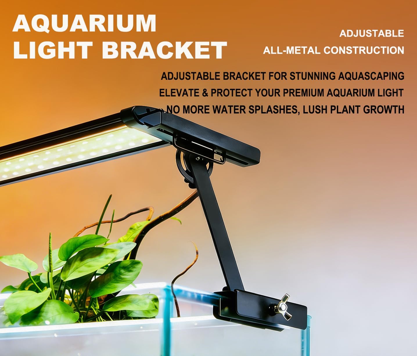 Metal Aquarium Light Riser & Holder - Adjustable Clamp Kit (2pcs), Max 0.9" Glass+Trim, Fits 4.9" Wide Lights on Lidless Tanks (Large)