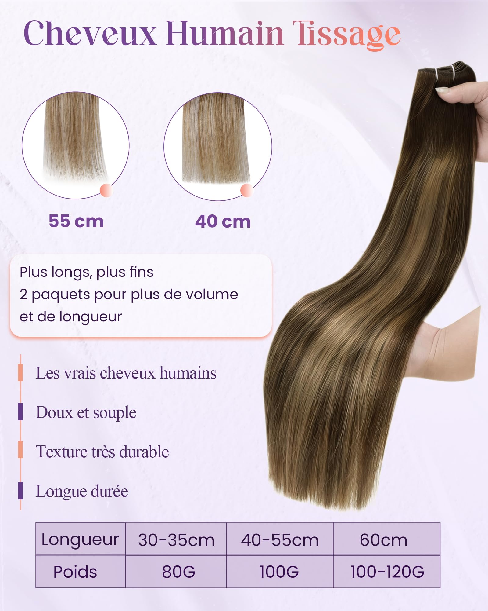LaaVoo Tissage Naturel Cheveux Humains Balayage Marron Foncé 45cm 100g | Extension Cheveux Naturel Tissage Marron Foncé Blonde Ombre Adaptée aux Coiffures Ondulées et aux Rendez-Vous