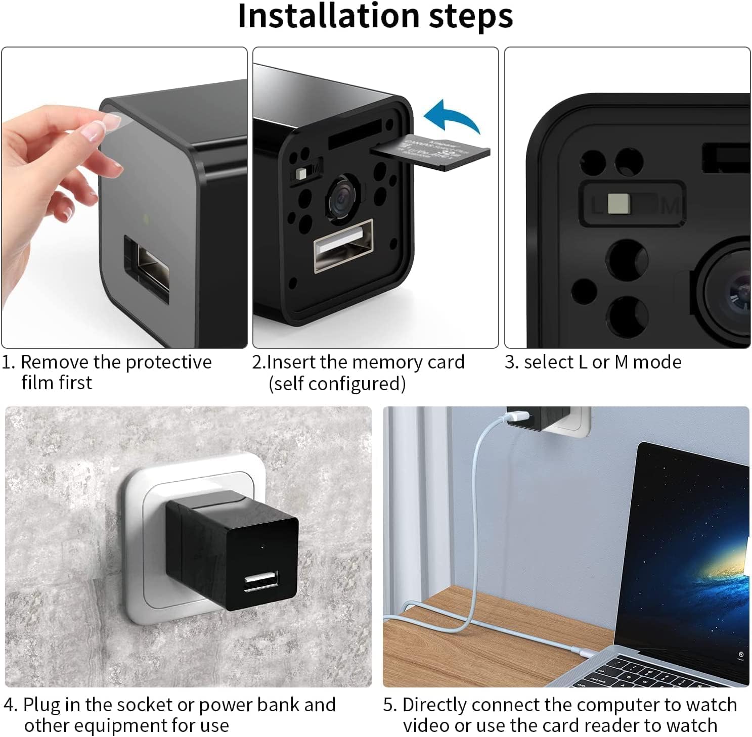 Cámara de carga inteligente - Mini cámara inalámbrica HD 1080P WiFi con visión nocturna - Diseño de doble puerto