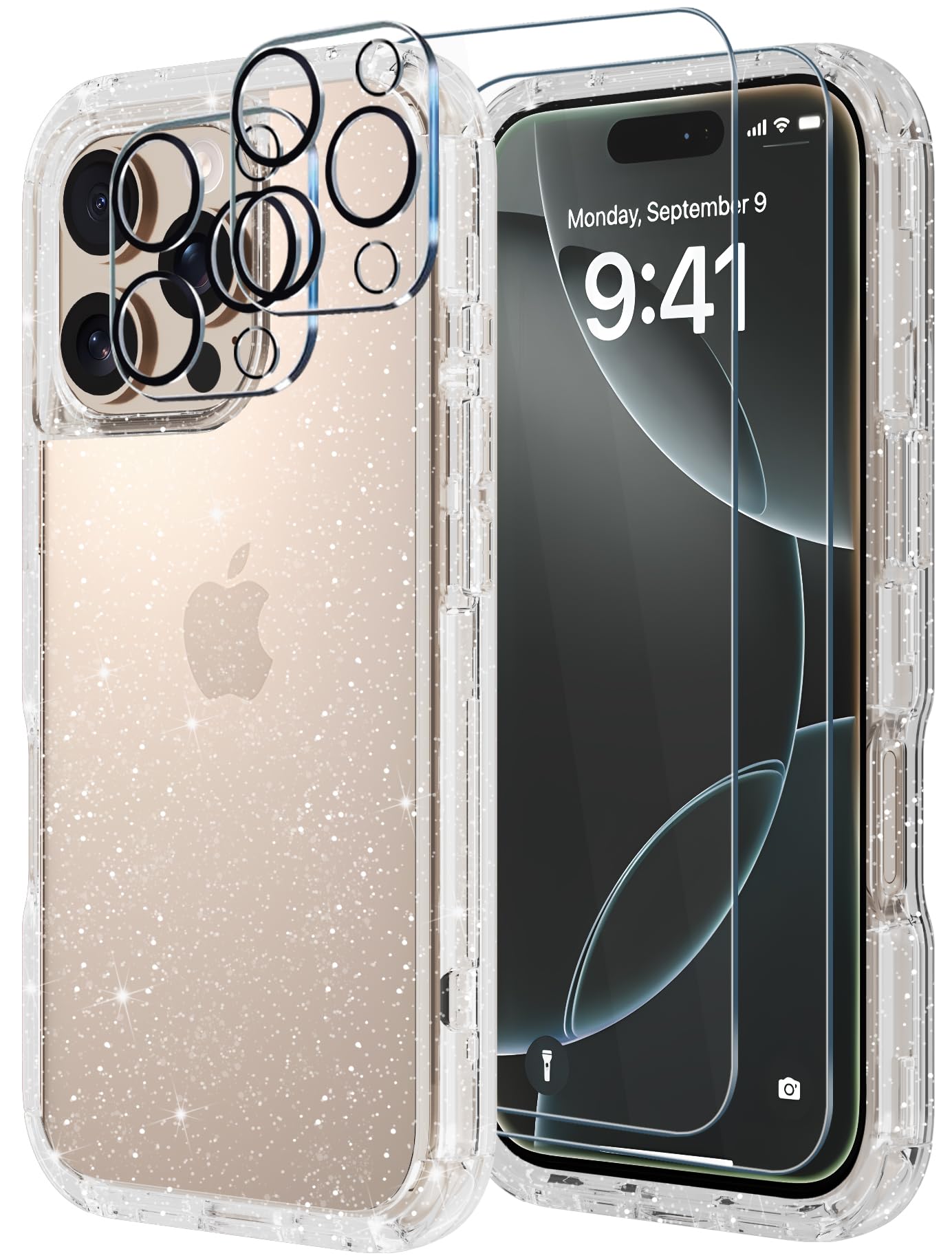 Diverbox for iPhone 16 Pro Case [Shockproof] [Dropproof] [Tempered Glass Screen Protector + Camera Protectors] Heavy Duty Protection Phone Case Cover for Apple iPhone 16 Pro (Glitter Clear)
