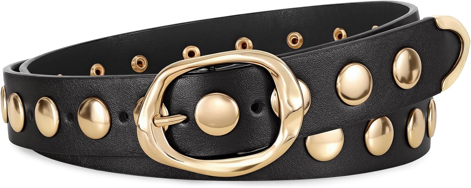 WERFORU Women Fashion Leather Belts for Jeans Pants Studded Leather Belts for Women Casual Waist Belts with Gold Buckle