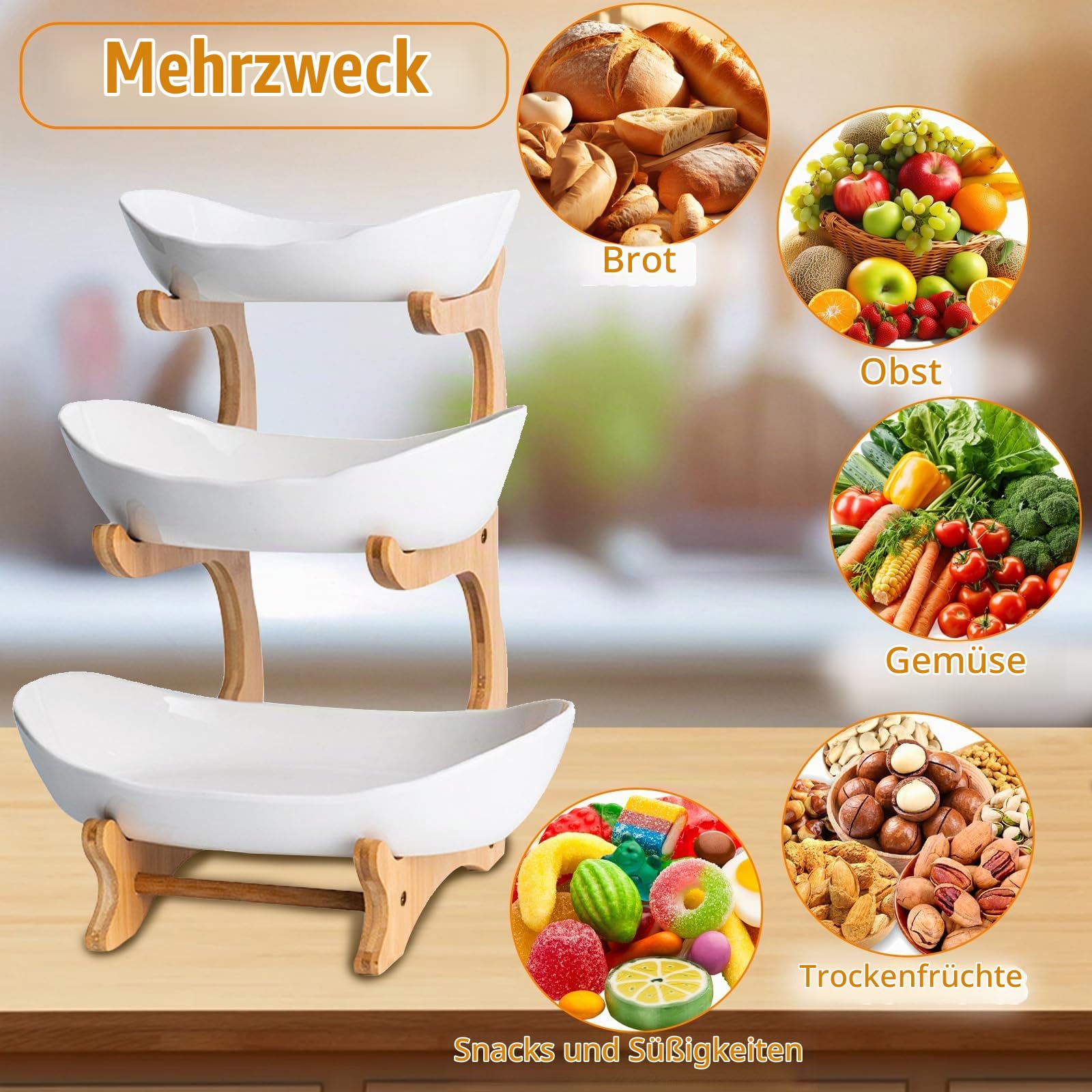 3 Etagen Keramik Obstschale mit Natürlichem Bambus Hölzernen Ständer, Modern Familie Obstkorb, Obst Aufbewahrung Etagere, Küche Servierteller für Gemüse, Desserts, Kuchen, Süßigkeiten, Snacks (Weiß)