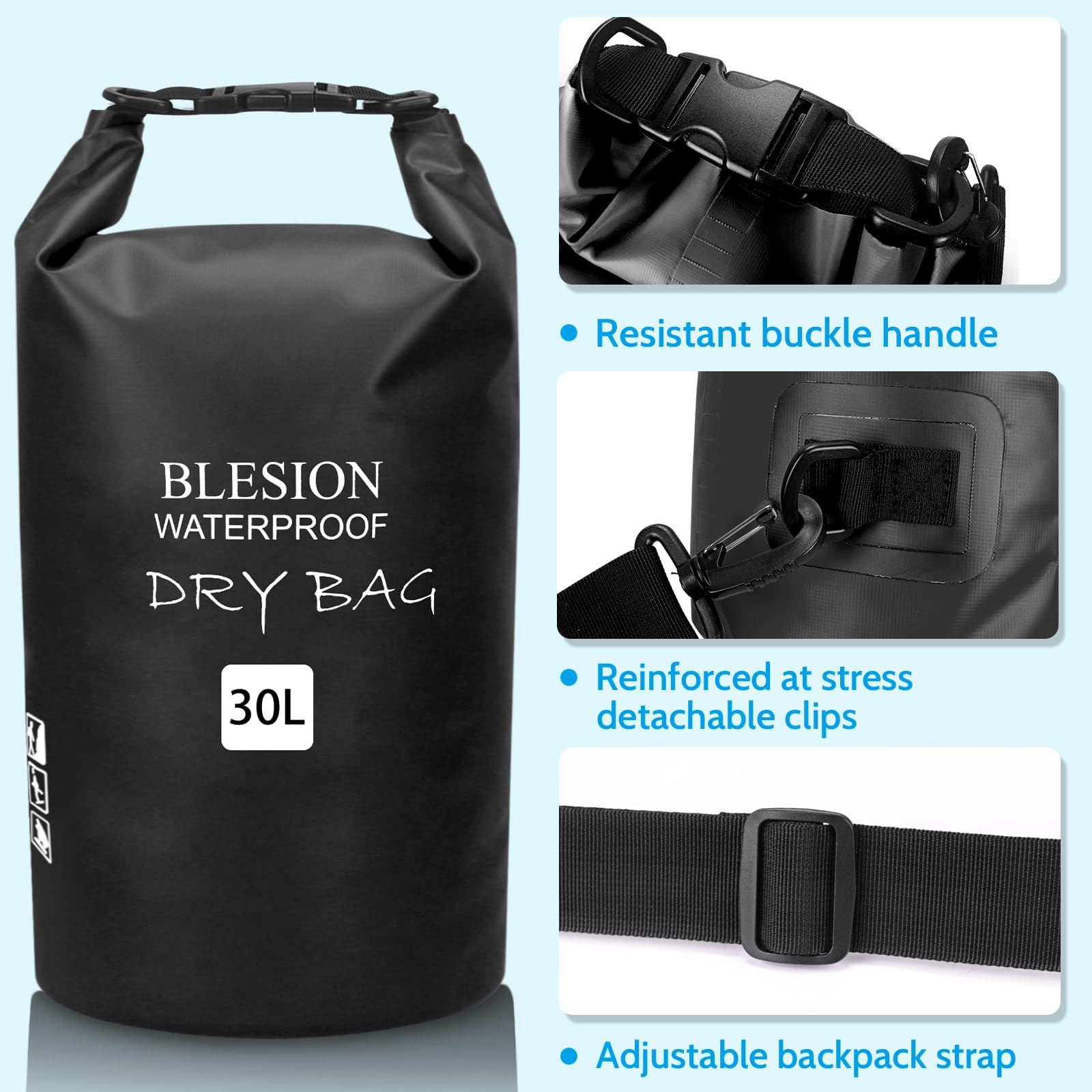 BLESION Borse Impermeabile, Sacca Impermeabile, Dry Bag 5L 10L 15L 20L 30L con Tracolla Regolabile per Spiaggia Sport d'Acqua Trekking Kayak Canoa Pesca Rafting Nuoto Campeggio