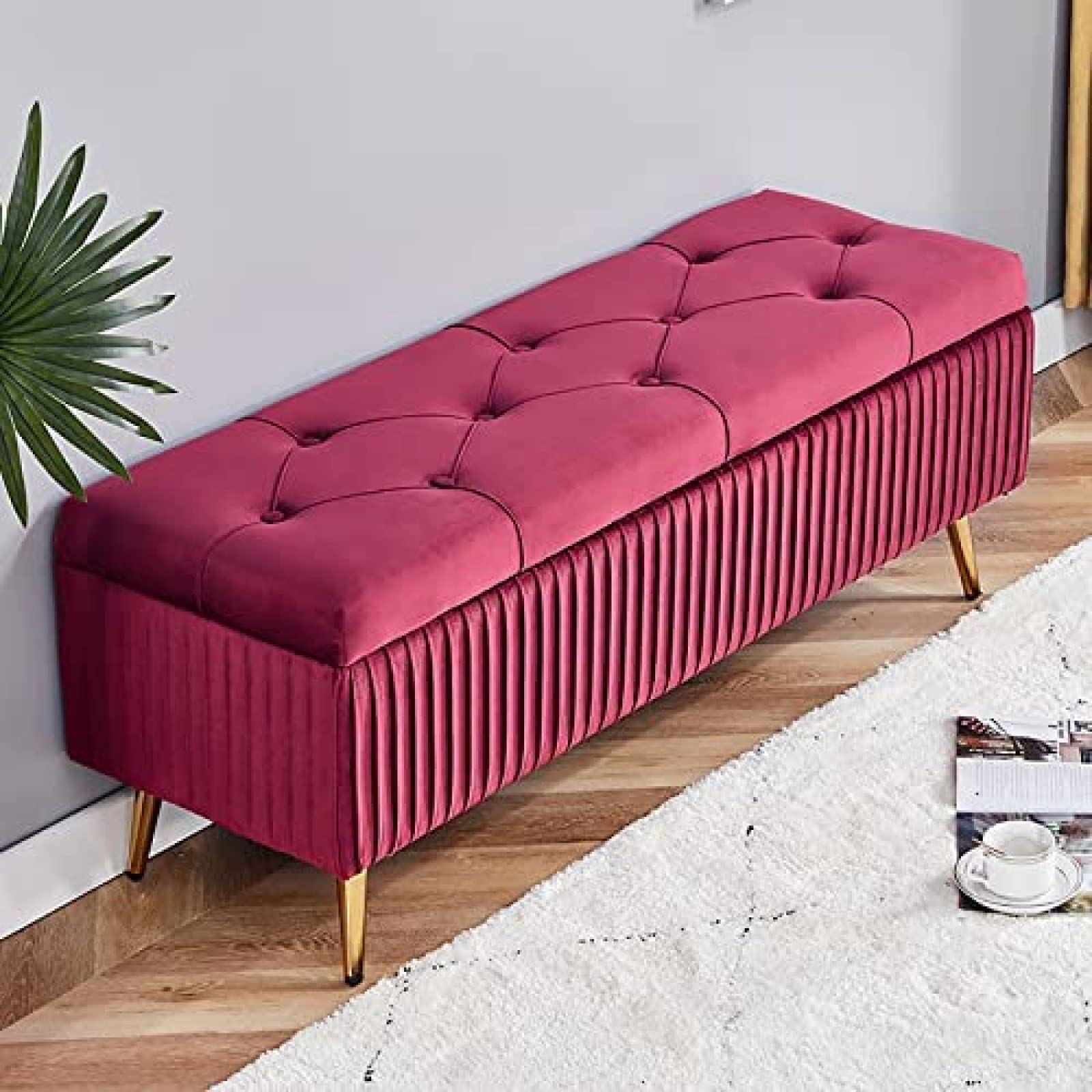 Ottoman de rangement en velours rose 60x40x45cm pour le salon