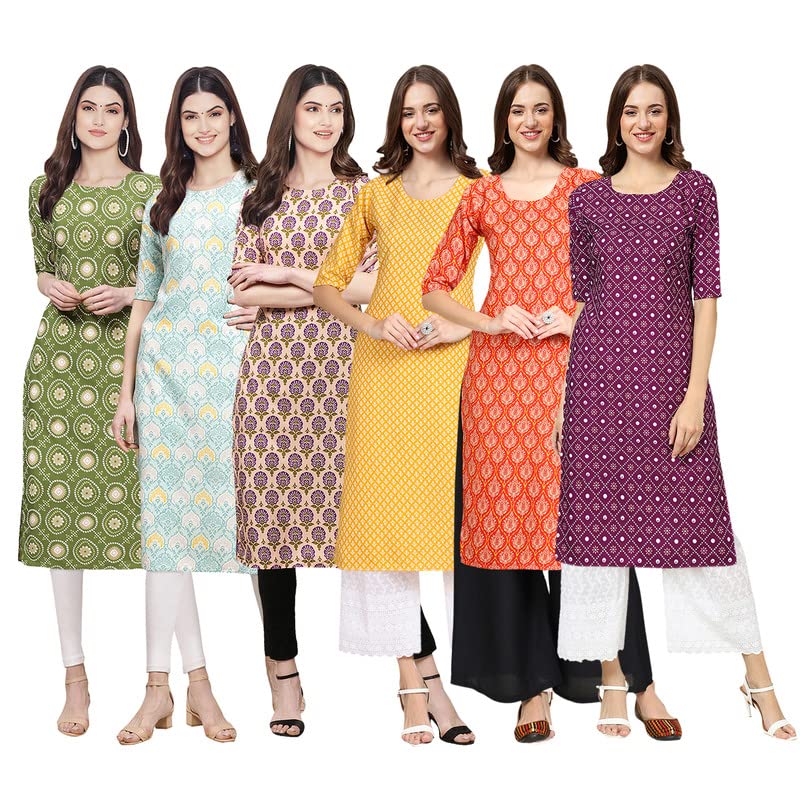 Pinkmint Women's Crepe Digital Print Straight Kurta [Pack Of 6](Qv-338-343-332-350-354-355-M)