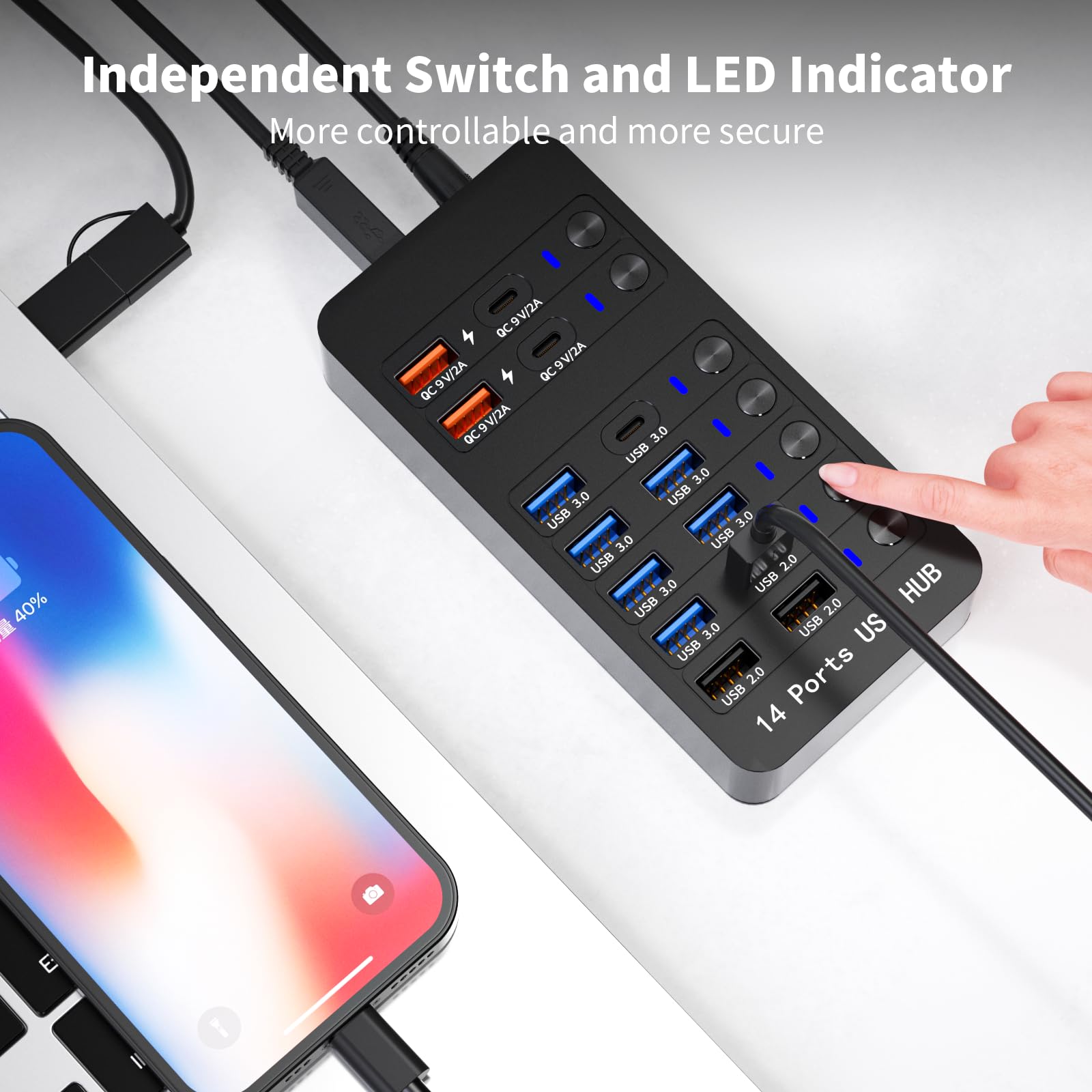 Hub USB alimentato a 14 porte con 6 porte USB 3.0, 4 porte di ricarica, 1 porta dati USB-C 3.0 e 1 porta di ricarica PD da 60 W con interruttori on/off LED per MacBook, laptop e PC