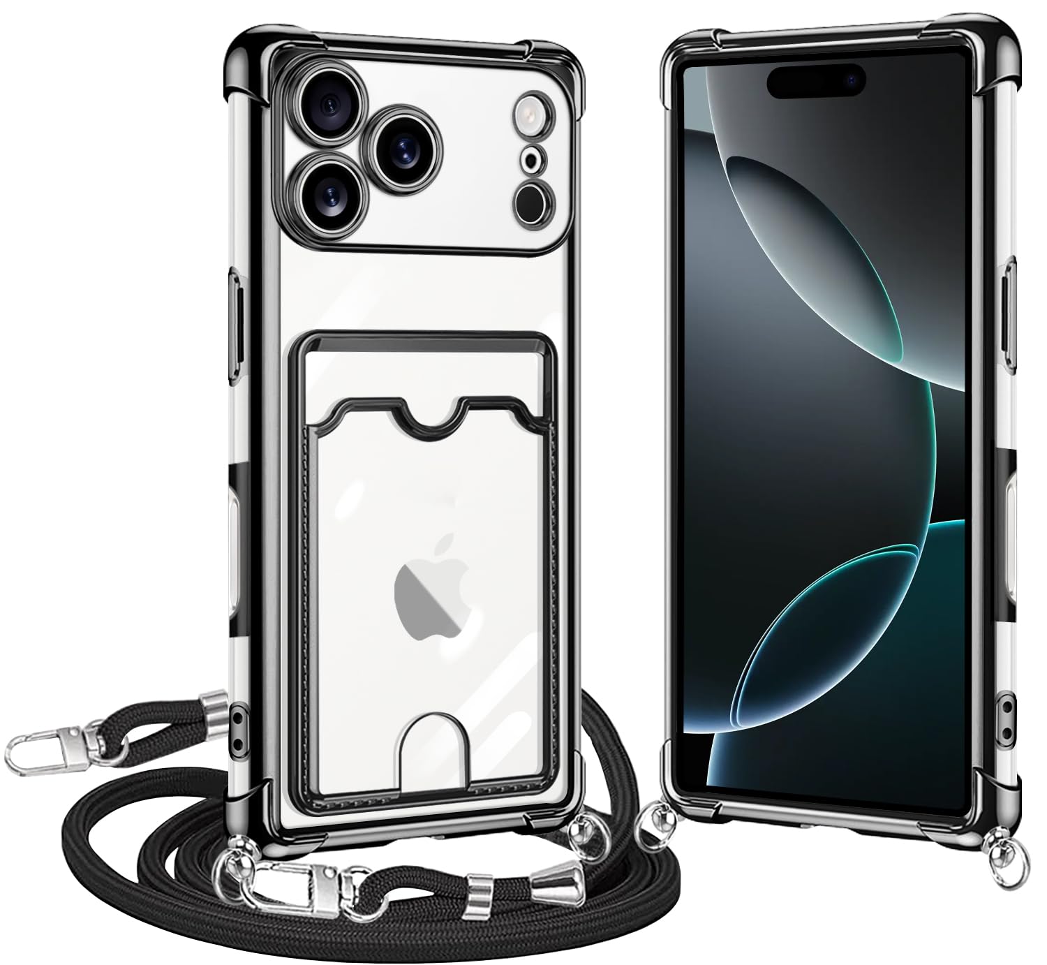 ATUSIDUN For iPhone 17 Pro ケース クリア ショルダー iphone 17 pro カバー カード収納 アイフォン 17Pro スマホケース 肩掛け 首かけ 斜めがけ 縄掛け ケース 透明 TPU 耐衝撃 薄型 軽量 カード入れ 財布型 スマホケース 調節可能な 落下防止 紛失防止 (ブラック)
