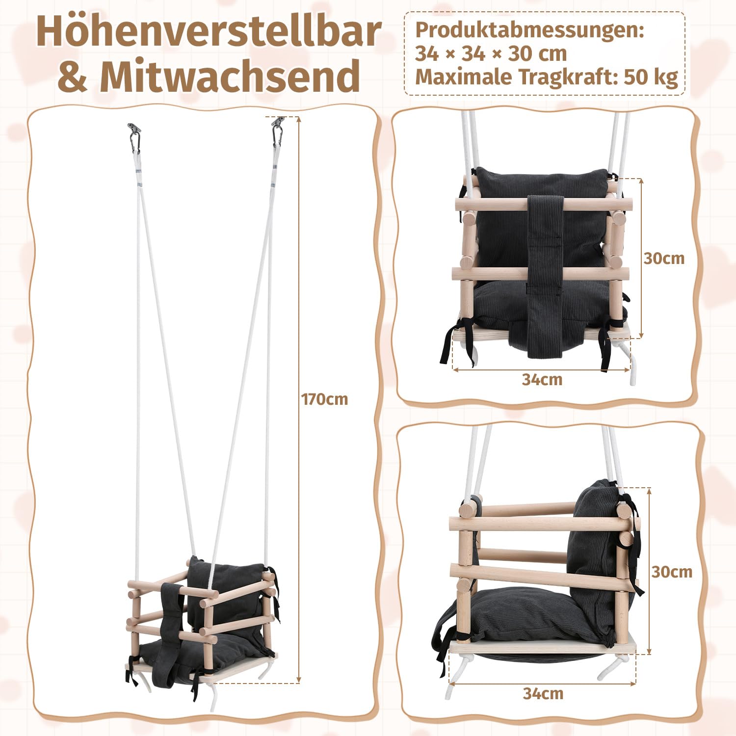 Huśtawka dziecięca 3 w 1, do użytku wewnątrz i na zewnątrz, z drewna, regulacja wysokości (160-260 cm) ze zdejmowaną poduszką, do ogrodu, od 12 miesięcy, nośność 50 kg (szara)
