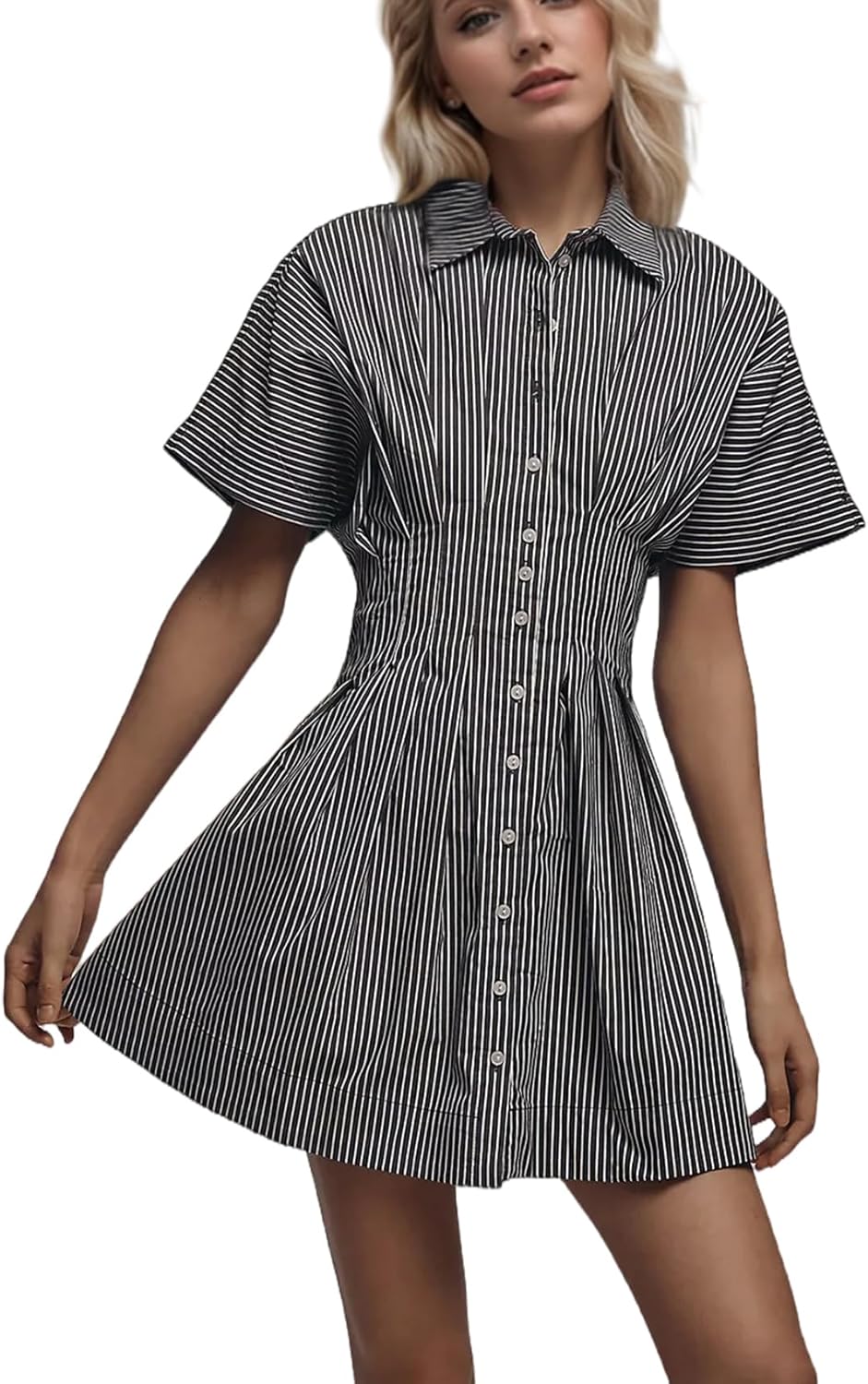 Women Button Down Pleated Shirt Dress Striped Short Sleeve Summer Casual Business Flowy Mini Short Dress