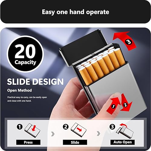 Miniatura 2 de roygra Caja de cigarrillos con capacidad para 20 unidades, deslizador automático de aluminio, paquete de 2 (negro + plata, 3.346 in tamaño King)