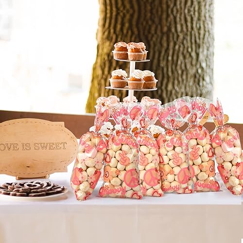 Miniatura 4 de 100 bolsas de plástico para regalos de fiesta, estilo retro, hippie, bohemio, 2 golosinas de plástico, celofán de los años 60 y 70 para margaritas,