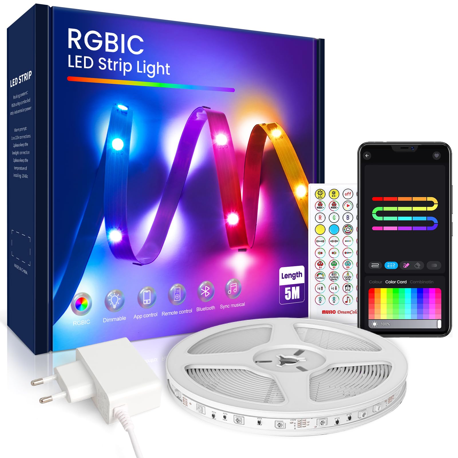 BEAEET Striscia LED 5 Metri,Strisce LED RGB+IC con APP Bluetooth e Telecomando,Strisce led Sincronizzazione Musicale,la Adatto per Interni,Feste e per Natale