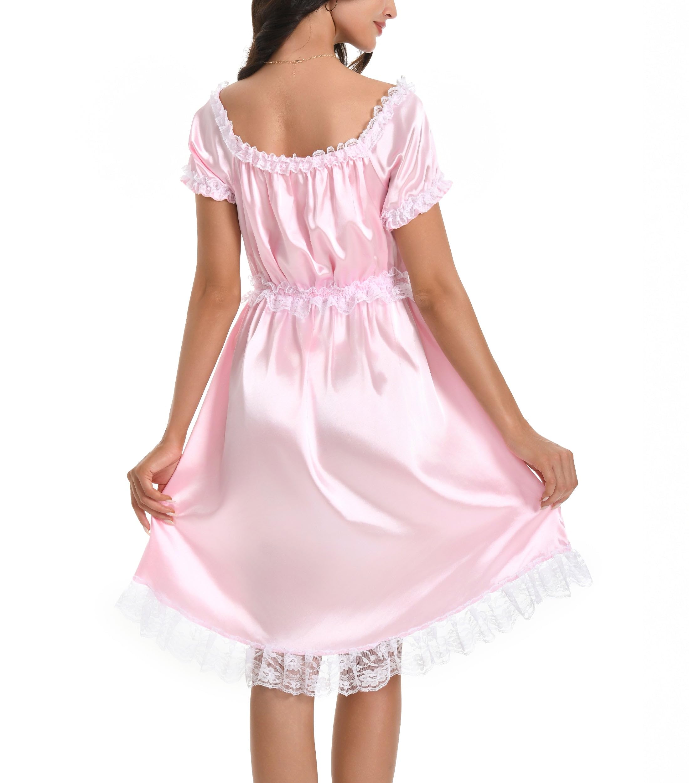 Satini Camisón Sissy Raso Encaje Estilo Doncella | Falda de Vuelo, Lazo a Juego, Cintura Elástica, Puños Fruncidos, Sin Cremallera, Cosplay y Crossdressing, Tallas S-XXL