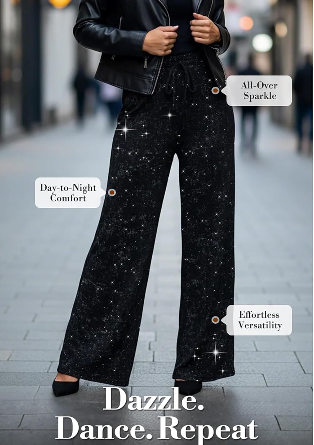 Women's Sequin Sparkle Wide Leg Pants with Elastic Waistband, Stretchy High Waist Sparkle Rhinestone Trousers
